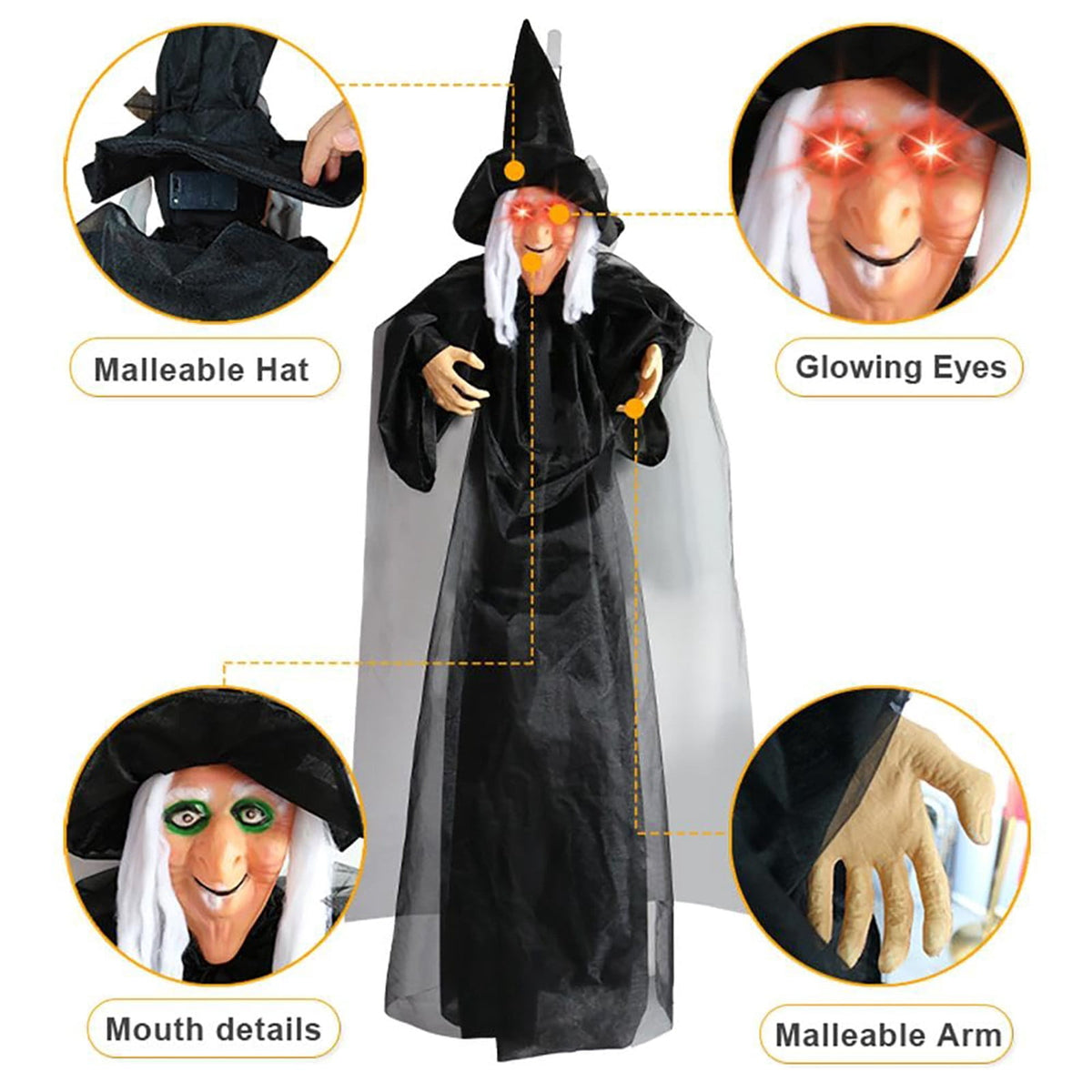 ZTTD Life Size Hanging Witch Halloween Decor (71 Inches) | Sound & Touch Activated Talking Halloween Decorations | Witch Props Excellent Choice for Haunted House | Indoor & Outdoor Animated Prop