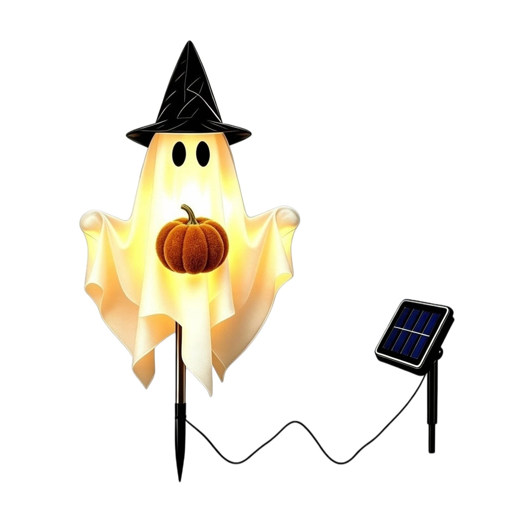 1-Pack Halloween Solar Lights with 8 Lighting Modes - Light Up Ghost Decorations for Outdoor, Witch Hat With Dimensional Pumpkin Halloween Ghost Path Lights