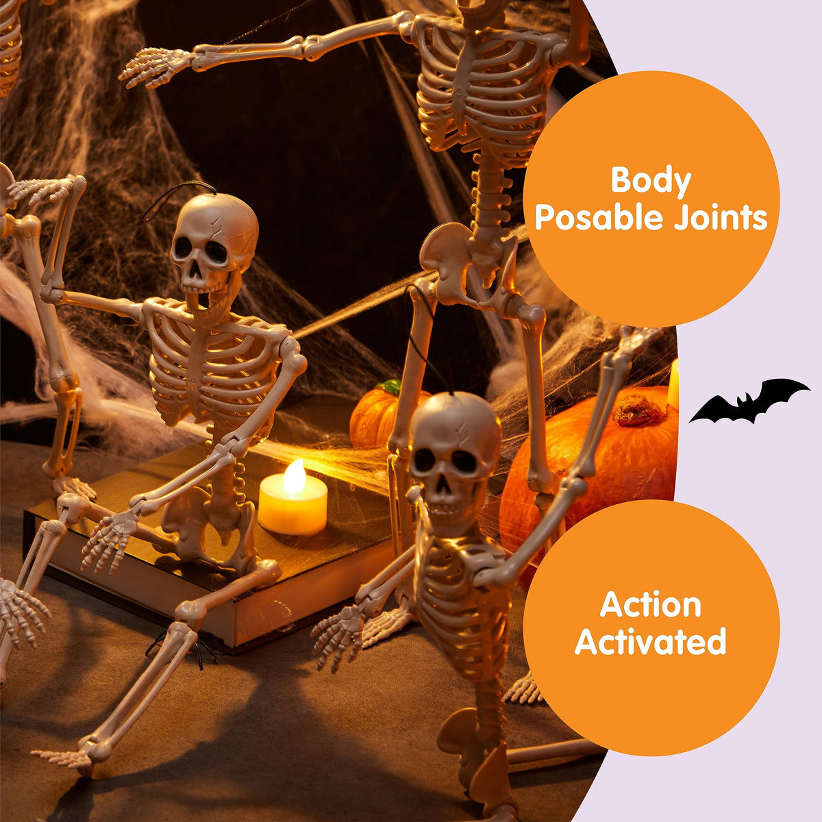 Joyfy 5 Pcs Halloween Skeleton Decorations,16 inch Full Body Poseable Skeleton with Movable Joints for Halloween Indoor Outdoor Party,Graveyard,Haunted House Accessories,White