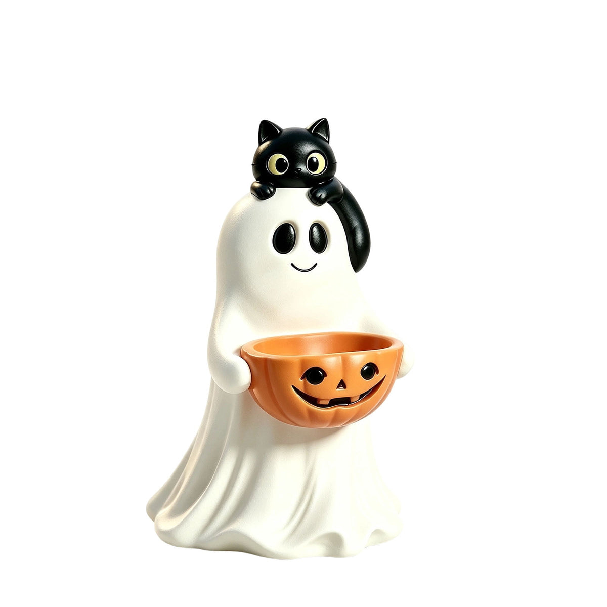 Clearance Halloween Ghost Resin Figurine with Black Cat & Pumpkin Candy Bowl 10“- Cute Spooky Tabletop Decor for Home Mantel, Shelf, and Indoor Fall Display