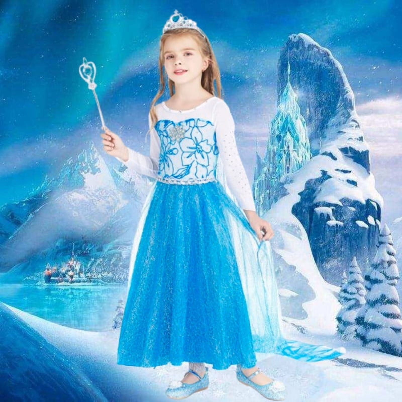 Jurebecia Princess Dress for Girls Birthday Party Blue Costume up Toddlers Kids Christmas Halloween Cosplay Clothes with Accessories 6T(5-6Years)