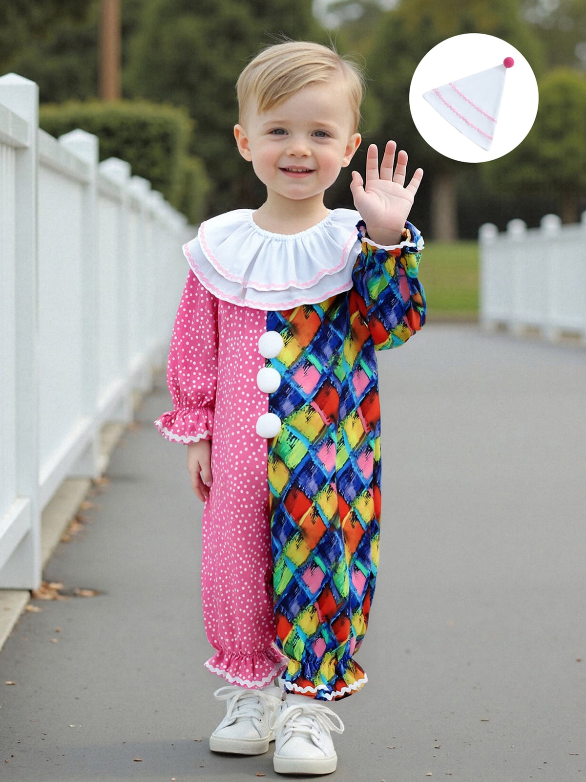 RUINIXCW Kids Toddler Baby Girl Boy Halloween Outfit Clown Costume Infant Baby Girl Boy Romper Birthday Photoshoot Outfit Contrast Color Long Sleeve Jumpsuit Hat