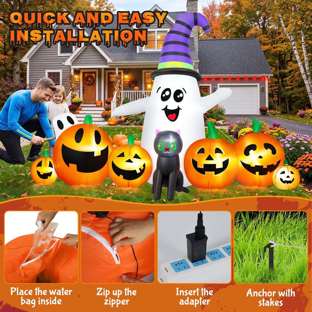 Yexmas 8 FT Long Halloween Inflatable Ghost with Witch Hat, 6 Pumpkins Halloween Blow Ups with Black Cat for Halloween Party Outdoor Yard Garden Lawn Decor