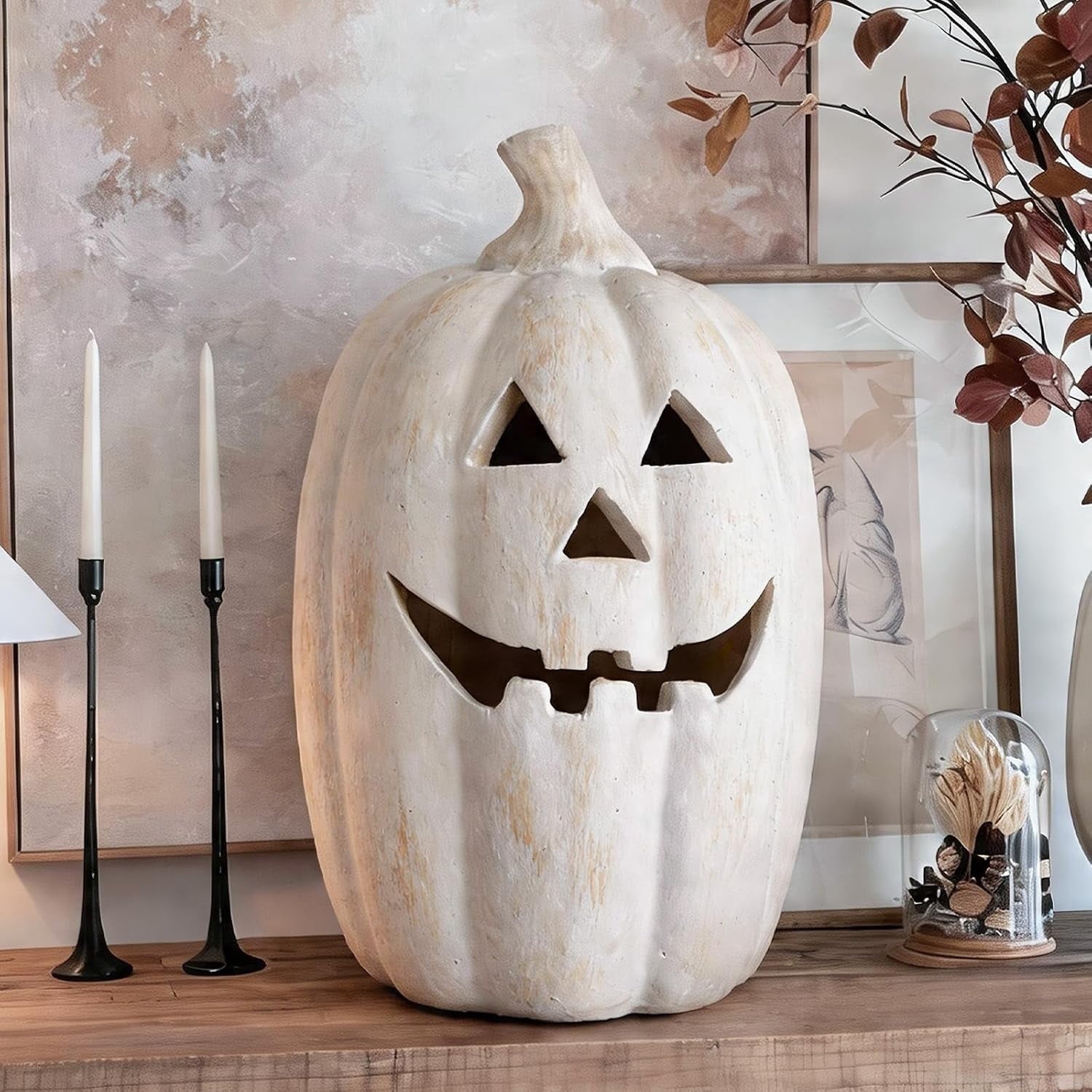 Fall Decor - Halloween Decorations - 5.9"H White Handmade Resin Pumpkin Jack O' Lantern with Flameless Candle - Outdoor Indoor Autumn Decoration for Table Centerpieces Porch Room Front Door