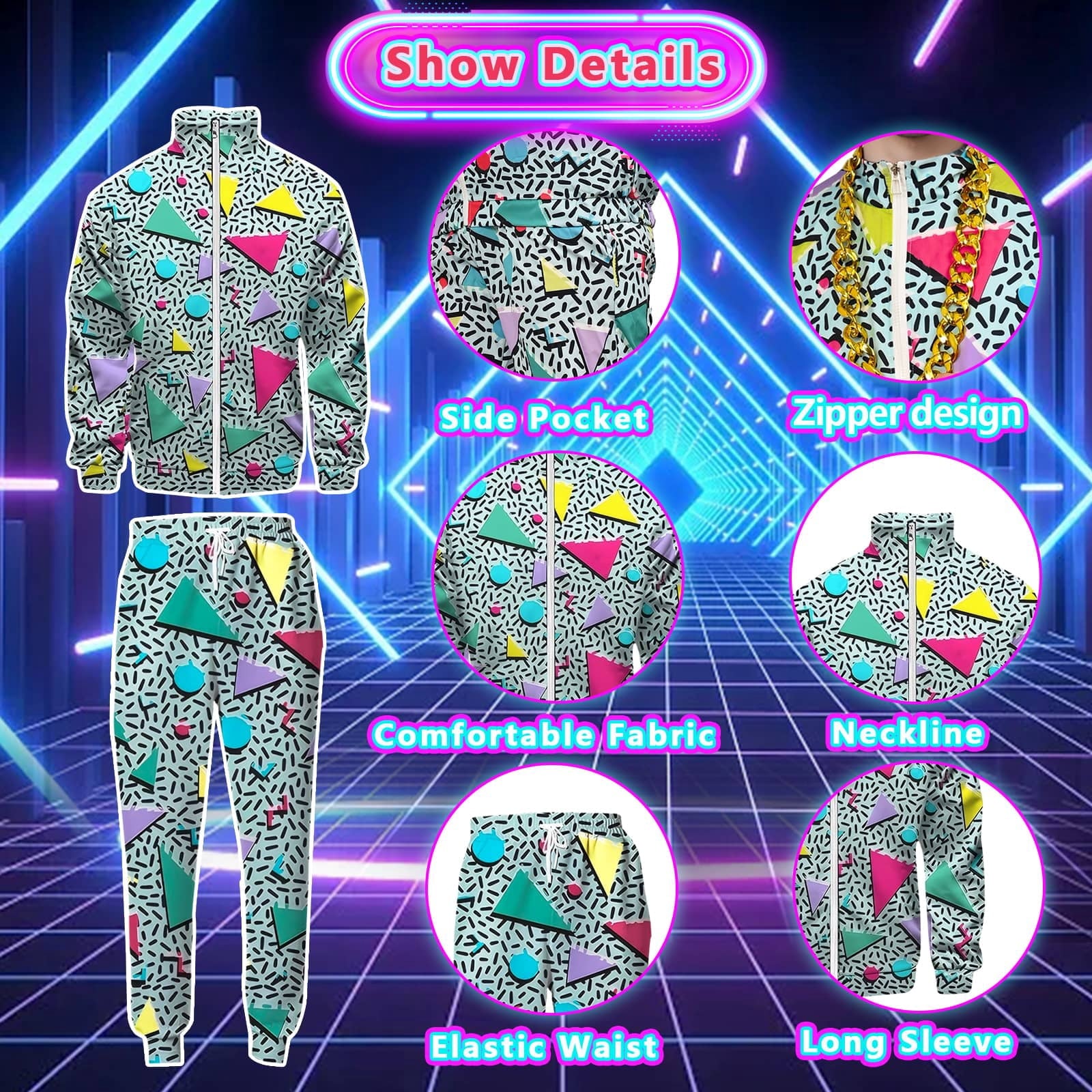 GYQMBT 80s 90s Men's Sportswear, Party Hip Hop Windbreaker 90s Disco Sportswear, 80s Adult Bizarre Costume 8 Piece Set, Black, M