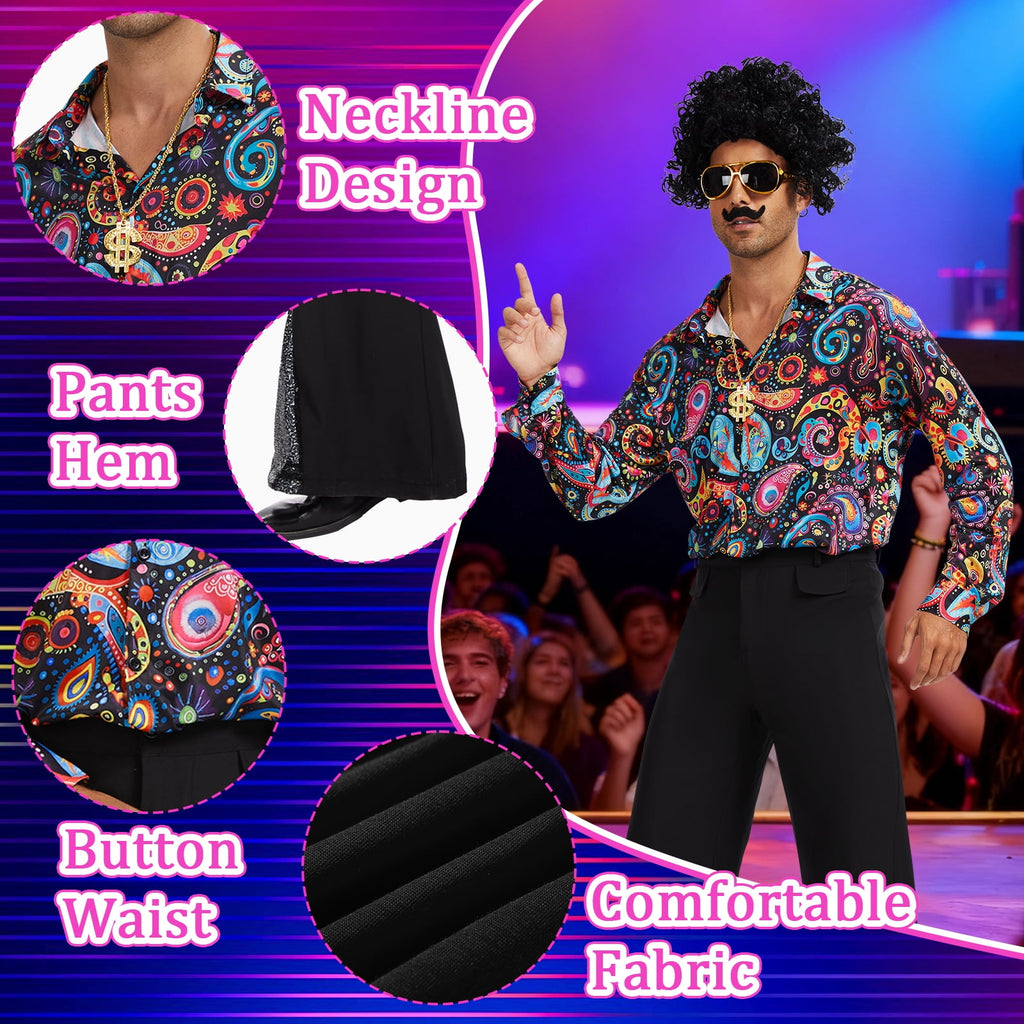 MYATED 70s Disco Costume for Men 6 Pcs Dance Bell Bottom Pants Retro Shirts Wigs Sunglasses Necklace Shirts for Disco Party (Black,L)