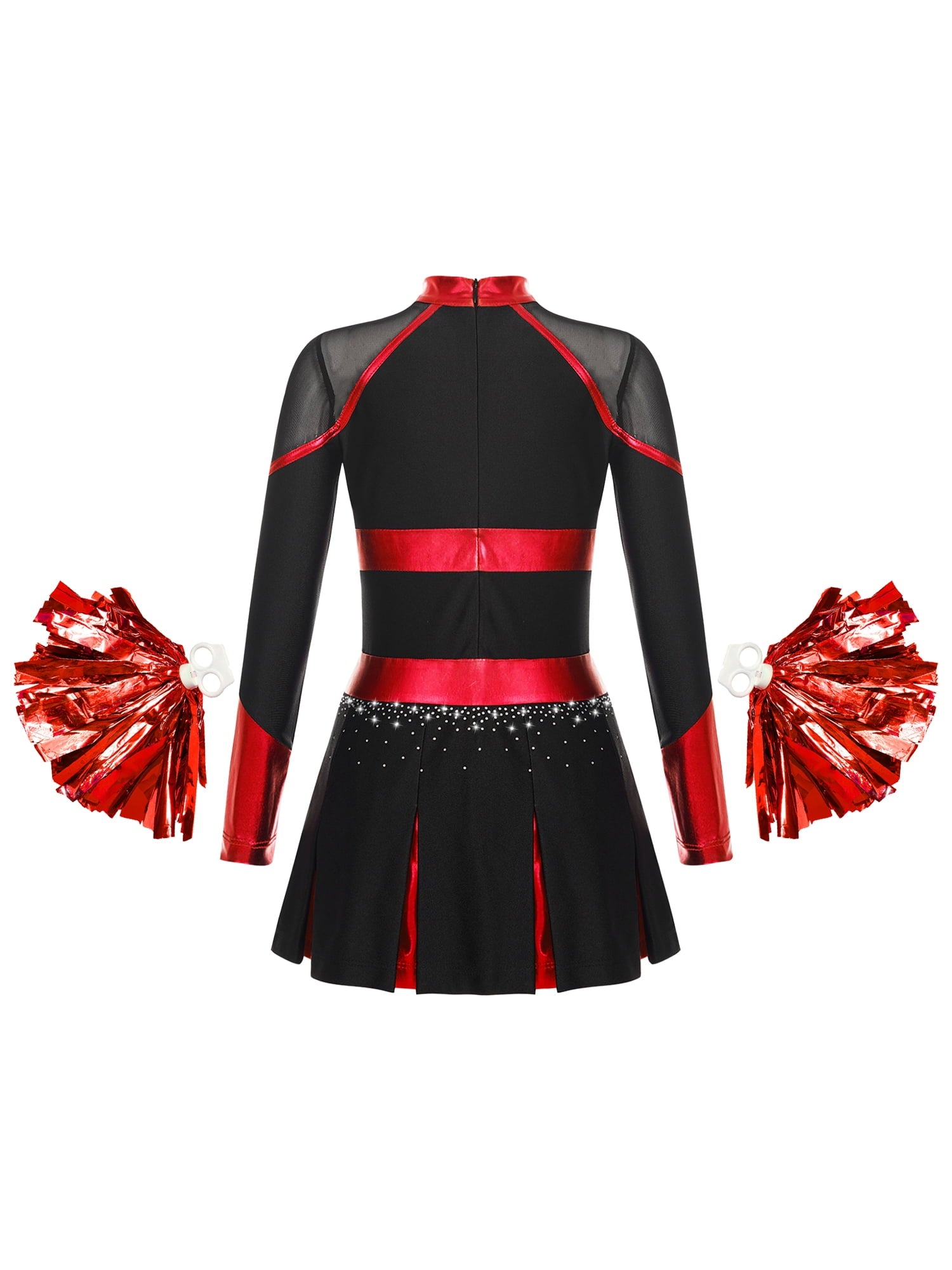 YEAHDOR Cheer Team Uniform for Schoolgirls Cheerleading Outfit Carnival Masquerade Costume Dress with Hand Flower Balls Black&Red 14