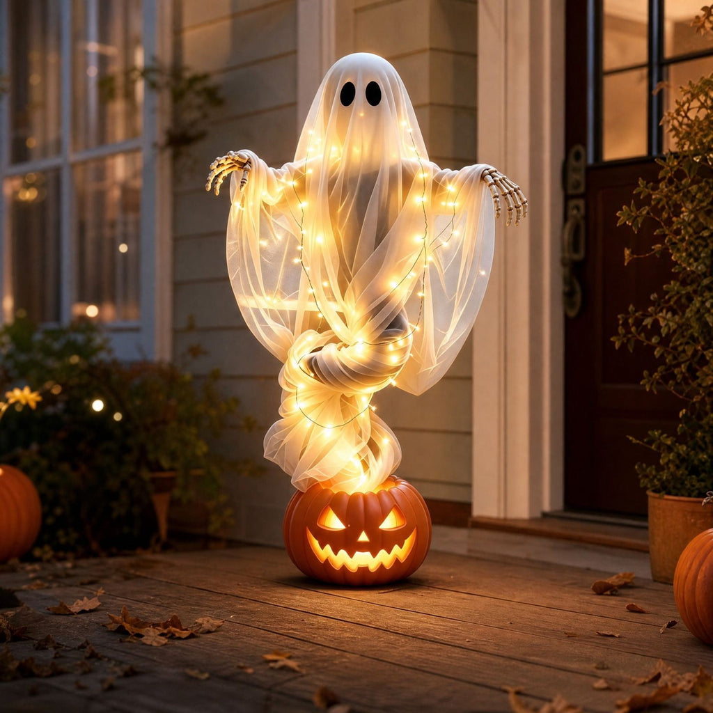 Halloween Light-Up Ghost Decorations Outdoor - 6.5 FT - 8 Sounds Gaint Hanging Swing Ghost Halloween Decoration, Spooky Cute Ghosts Decorations for Front Porch Yard Tree