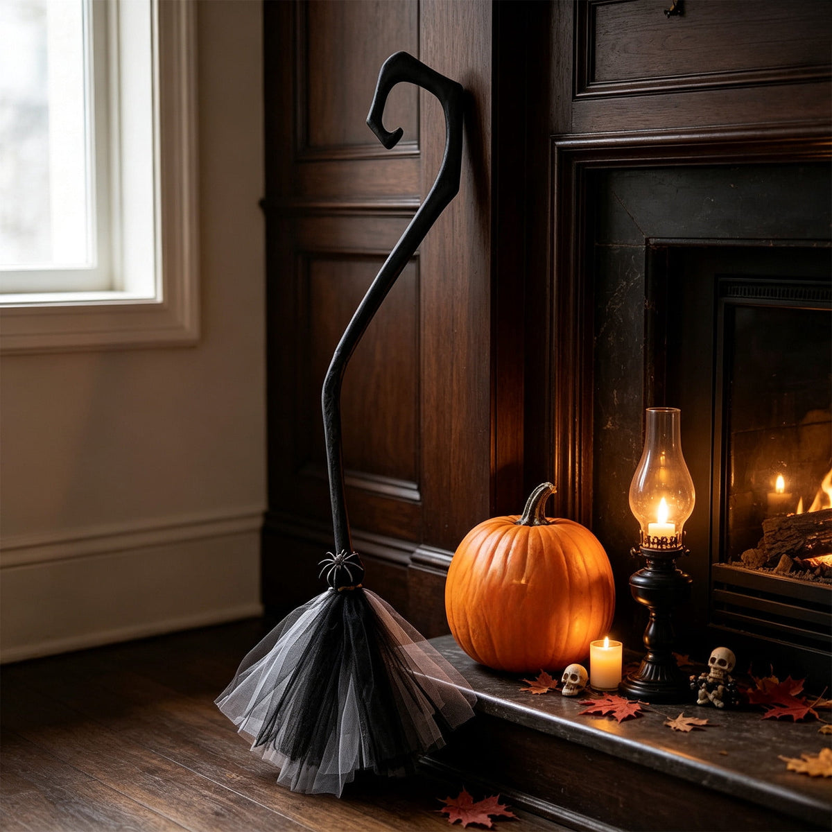 Halloween Witch Broom Cane with Ribbons, 38.2" Witches Broomstick for Wizard Costume Party, Photo Booth Accessory Stage Prop, Halloween Decoration, D