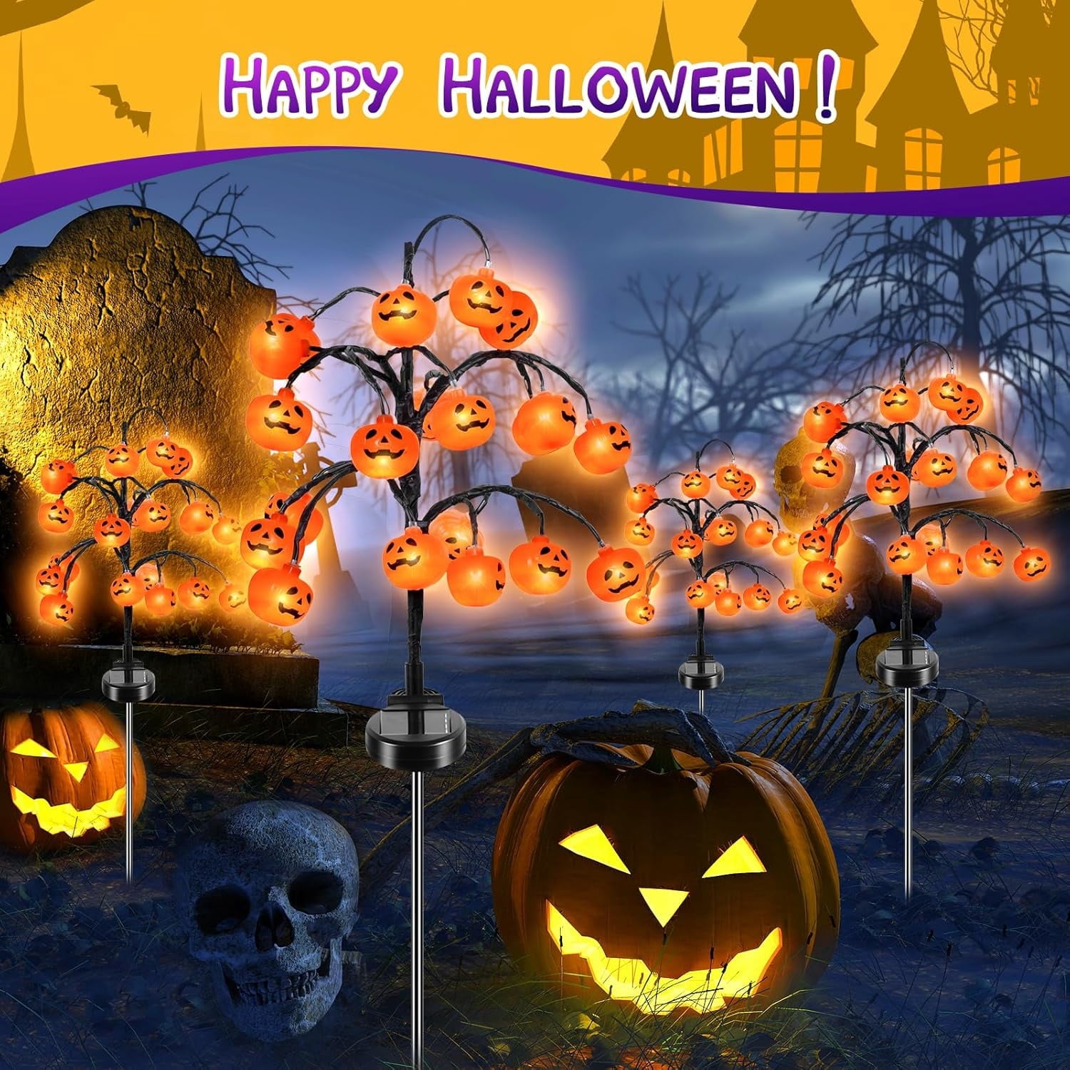 Qoosea 2 packs 40 LEDs Solar Halloween Pumpkin Stake Lights, 2 Modes Outdoor Waterproof Halloween Decorations, Solar Halloween Lights Stakes for Garden Yard Pathway