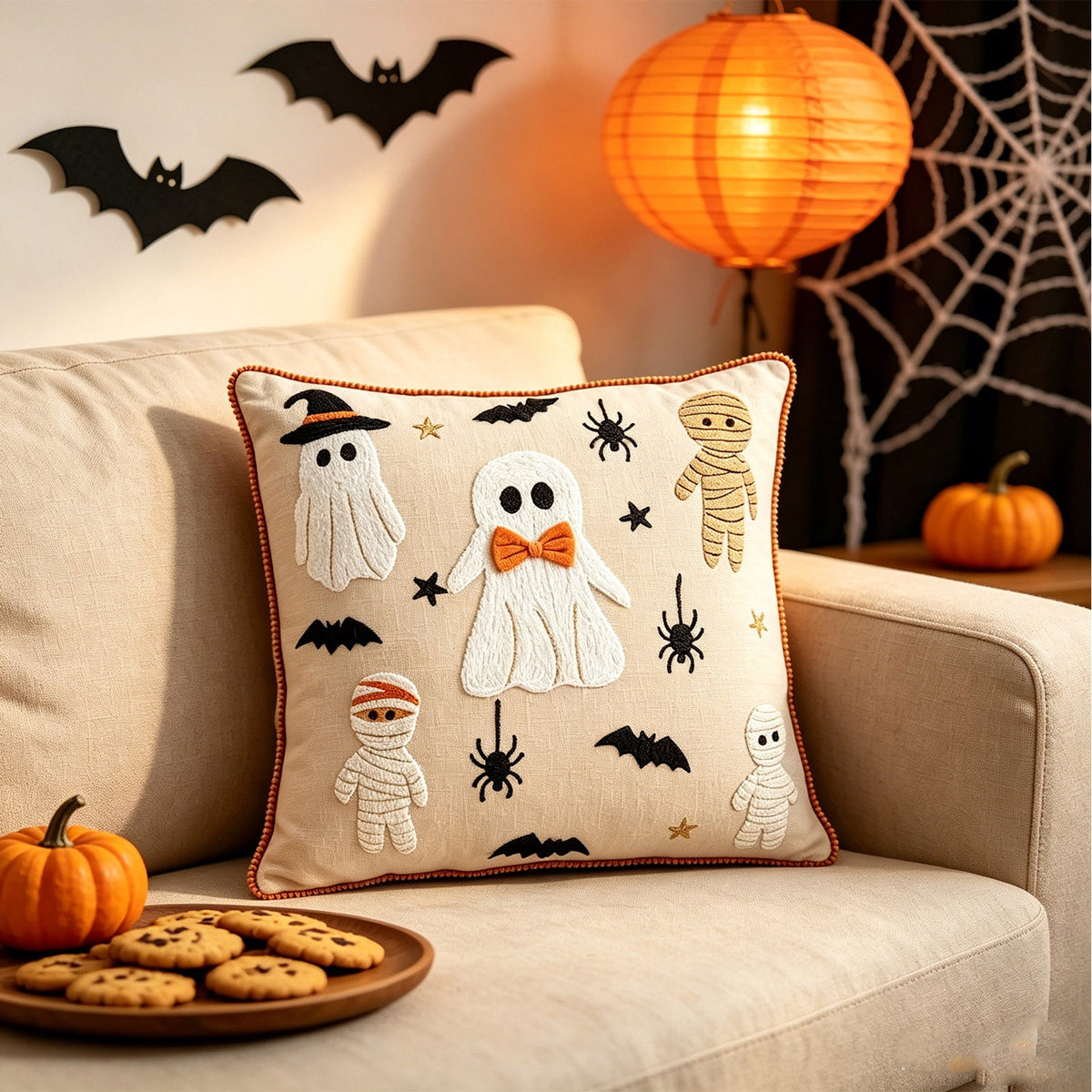 Yeciiwht Halloween Throw Pillow Cover – 18*18inch Embroidered Linen Cushion Case with Ghost, Mummy & Bat Designs, Invisible Zipper, Machine Washable