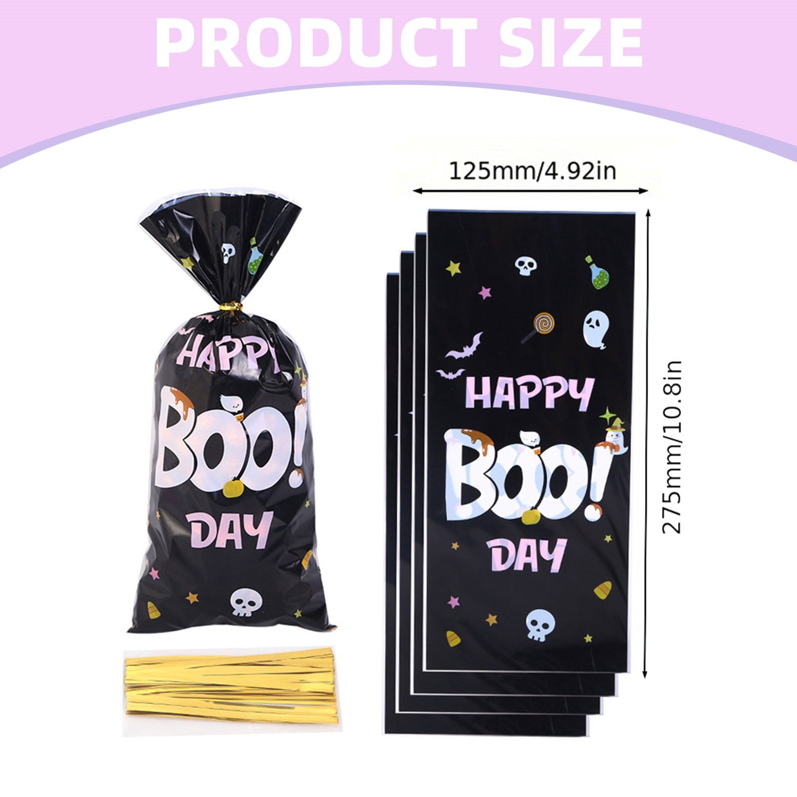 Halloween Treat Bags, Resealable Cellophane Bags, 50 Pcs Wrap Cellophane Treat Bags Party Favor Bags Candy Cookie Bags, Plastic Poly Goodie Storage Bags with Twist Ties for Halloween Party, 4.92x10.8"