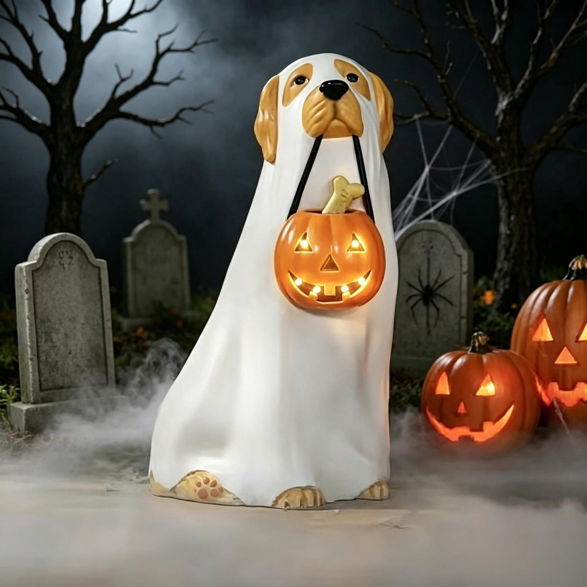 Large‑Size Resin Ghost Dog Blow Mold LED Lit Ornament, Detailed Light‑Up Dog Statue, Eye‑Catching Tabletop Decor For Indoor Halloween Home Styling