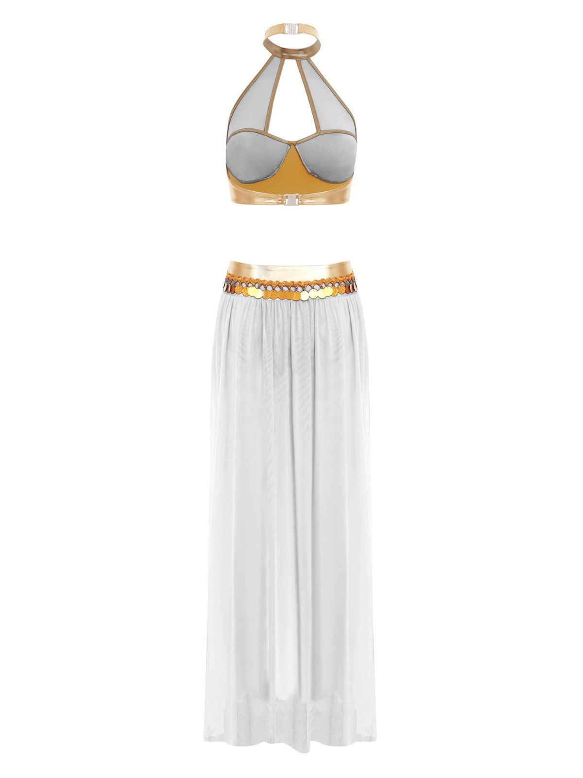 YiZYiF Women's Belly Dance Costume Halter Crop Top with Sequin Tassel Split Mesh Long Skirt 2Pcs Set Red A S