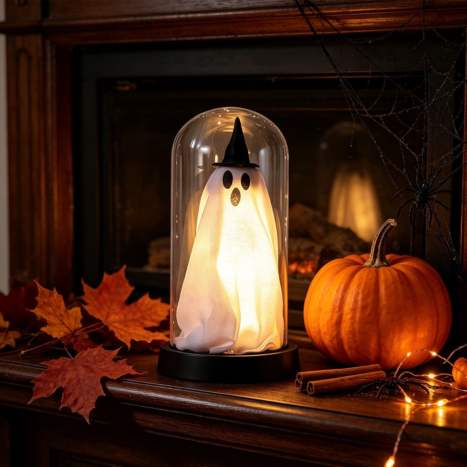 Darzheoy Halloween Decoration Ghost Cloche Lamp, with 3 Mini Figurines, Halloween Ghost Spooky, White Warm Glow, 1 Count