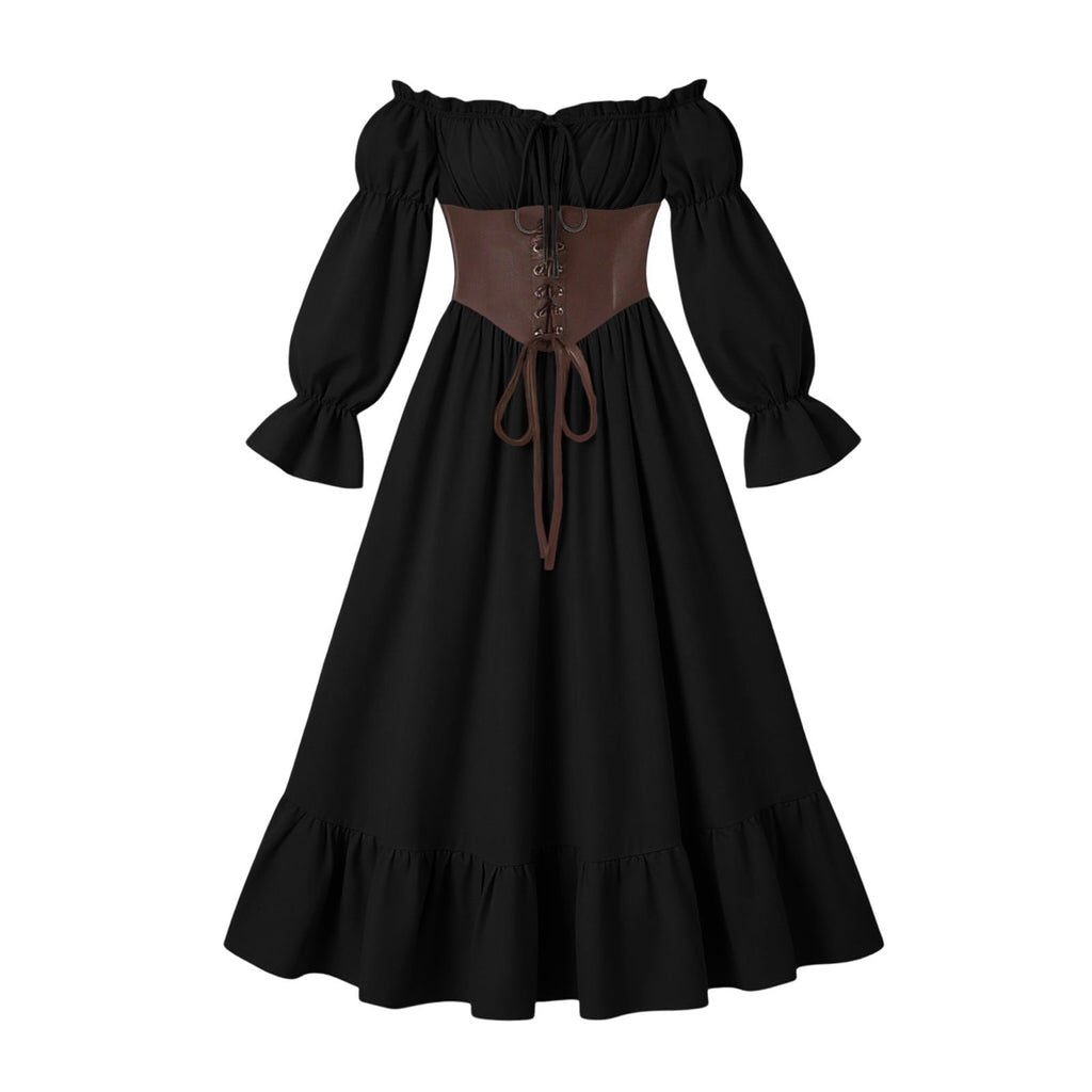 QATAINLAV Renaissance Costume Women Vintage Medieval Dress Cold Shoulder Short Sleeve Peasant Pirate Irish Maxi Dresses, Black, L
