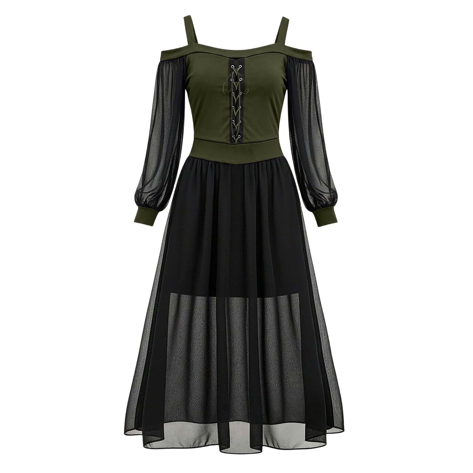 JOANKDMI Women's Gothic Midi Dress Elegant Vampire Costume Cold Shoulder Sheer Long Sleeve Lace-up Corset for Roleplay Halloween Party Outfit Chic, S-3XL