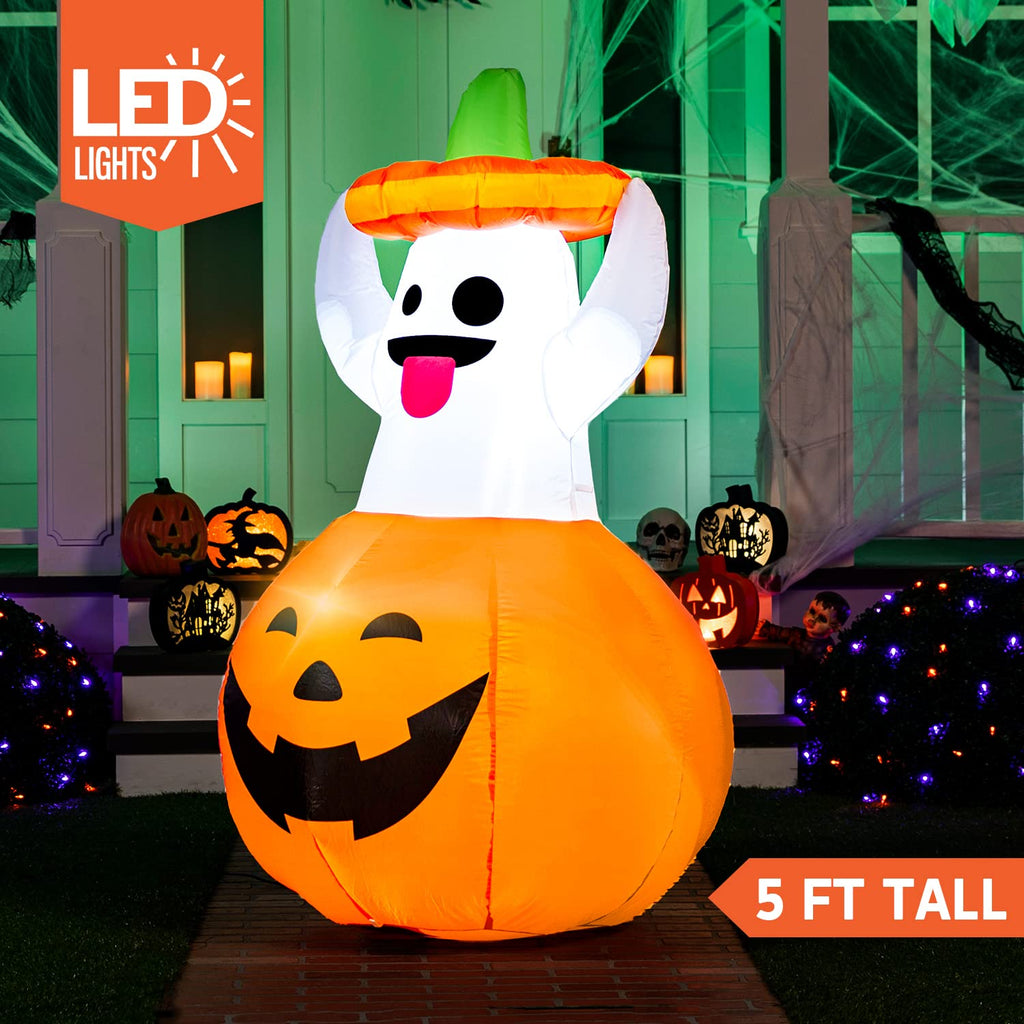 Joyfy 5ft Halloween Inflatables Light up Cute Ghost,Blow Up Ghost Lift Pumpkin Candy Bag with Build-in LEDs for Yard Decorations