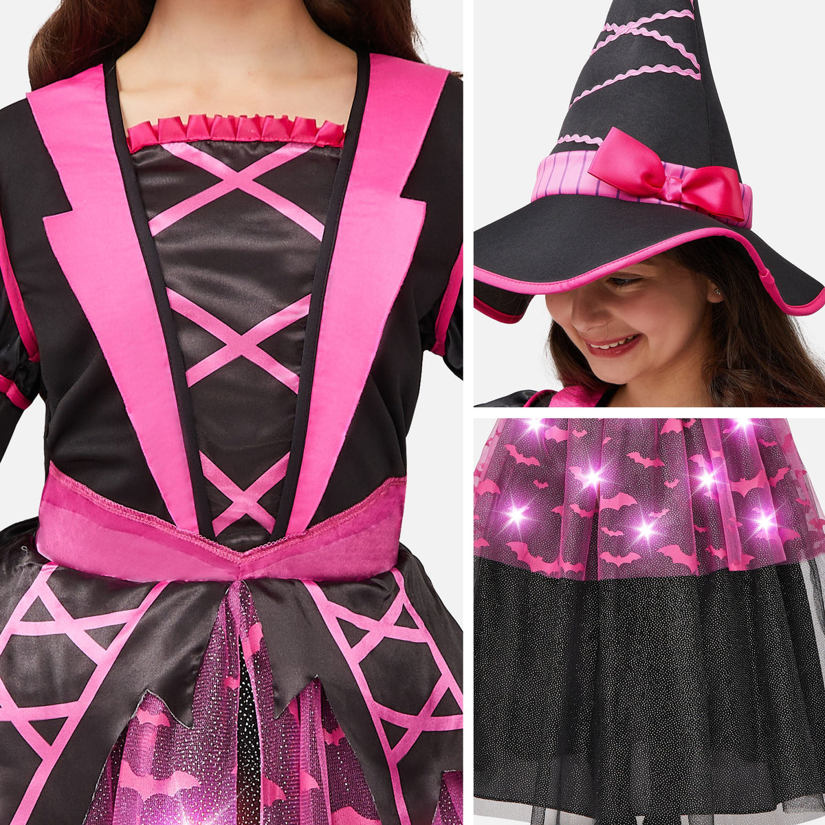 Joyfy Light up Witch Costume for Girls,Starry Witch Dress with Broom Hat for Kids and Toddlers, Perfect for Halloween Party Dress-up Cosplay Age 5-7