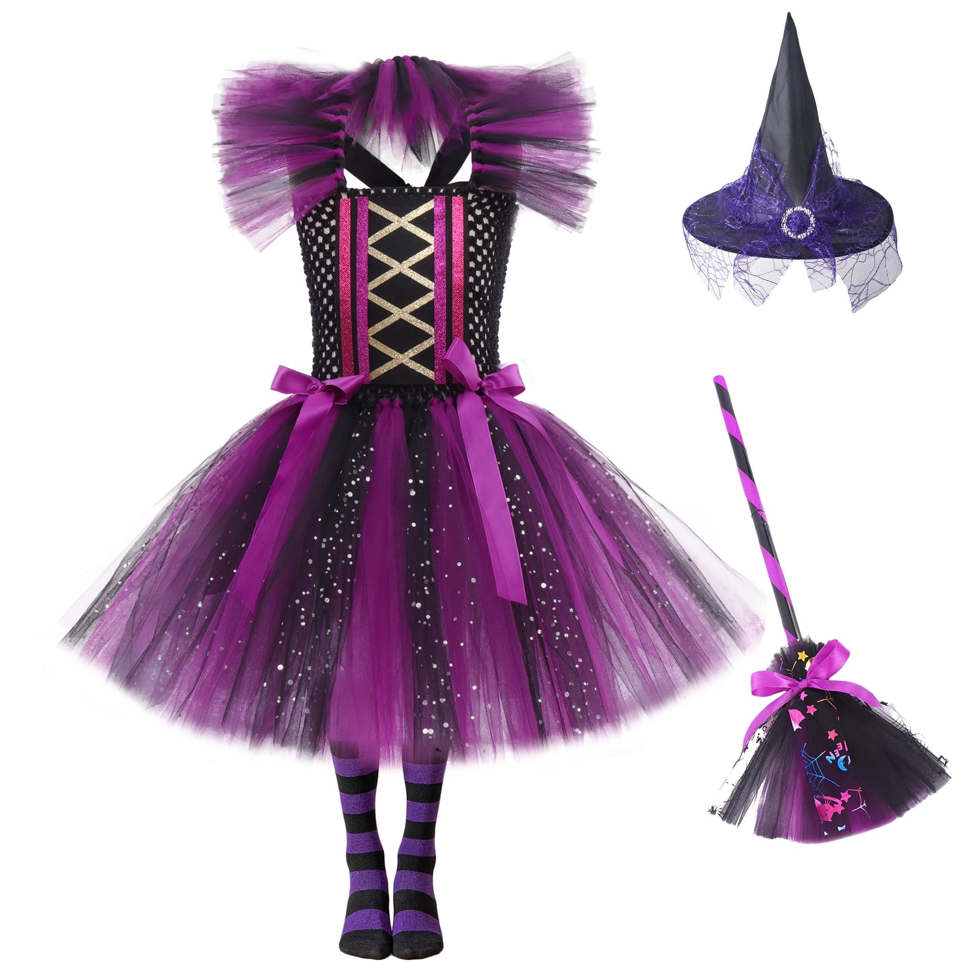 Halloween Cute Purple Witch Costume Set for Toddler Girls, Bat Outfit Dress with Witch Hat & Magic Broom