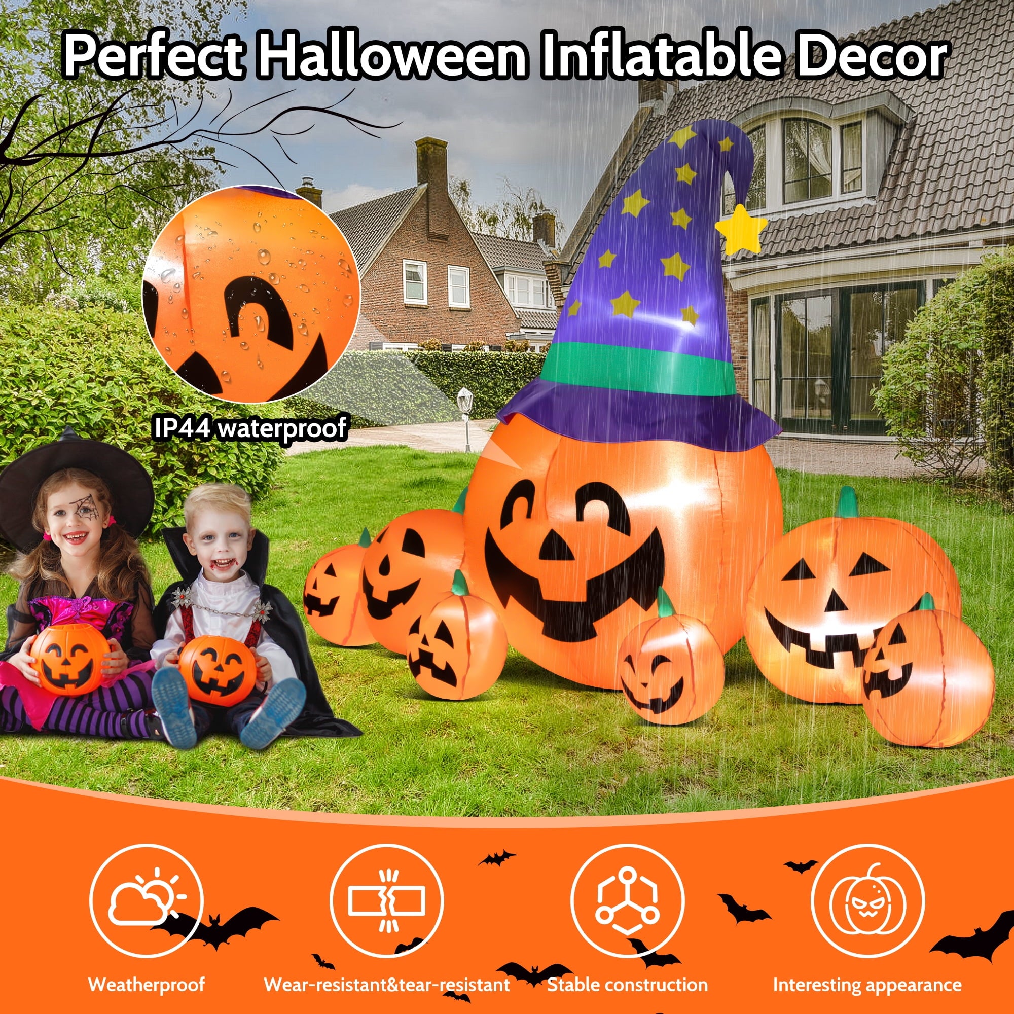 Yexmas 8.7ft Halloween Inflatables Pumpkins 7 Blow Up Decor with Witches Hat, Built-in LED Lights for Halloween Party, Yard, Garden, Lawn