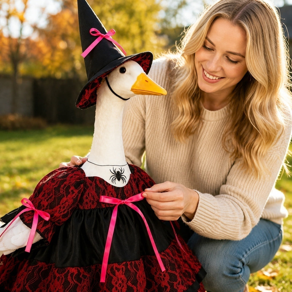 Bat Witch Hat Spiderweb Halloween Goose Clothes Fit 17/23In Cement Plastic Lawn Goose, Stylish Full Set for Outdoor Yard Patio Garden Seasonal Halloween Home Ornamental Arrangement