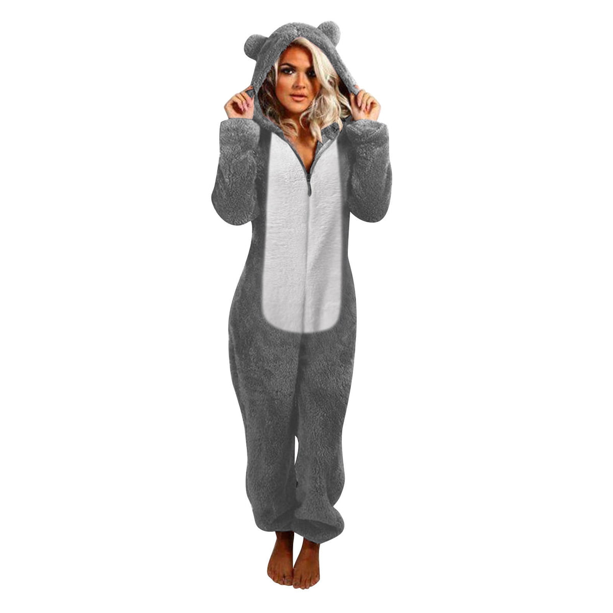 QATAINLAV Sherpa Fleece Jumpsuit for Women Winter Warm Fuzzy Onesie Pajamas Cute Cat Hooded Romper Casual Zip Up Overalls Sleepwear Black XL