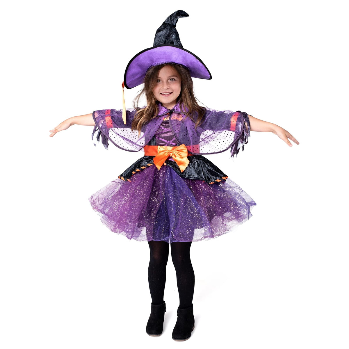 Joyfy Witch Costume for Girls, Purple Witch Dress with Broom Hat for Kids and Toddlers Halloween Dress up Parties