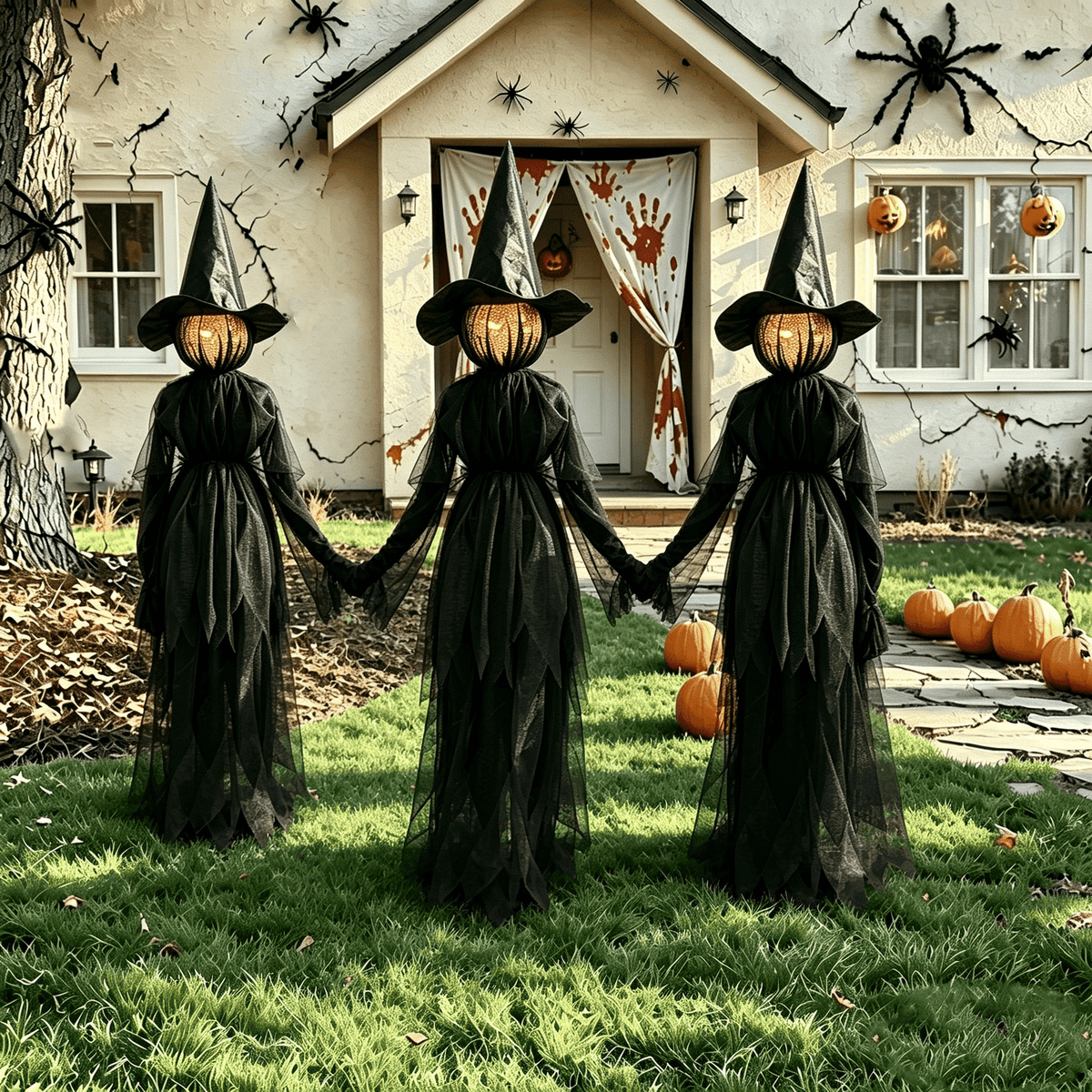 3PCS Halloween Holding Hands Screaming Witches Sound Decorations,Large Light Up Holding Hands Screaming Witches Decor for Home Outside Yard Lawn Garden Party Decoraciones