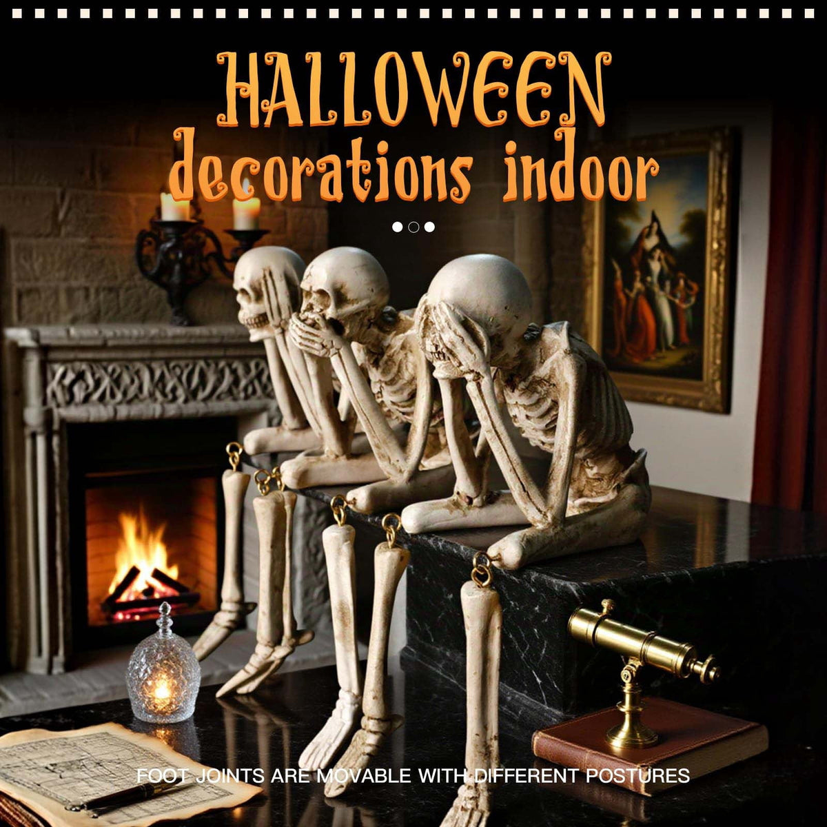 Halloween Decor Skeleton Statue Figurines Skull Decor See No Evil Hear No Evil Speak No Resin Skeleton Shelf Sitters Sitting Figurines for Home Kitchen Party Decor Table Ledge Edge Decorative (C)