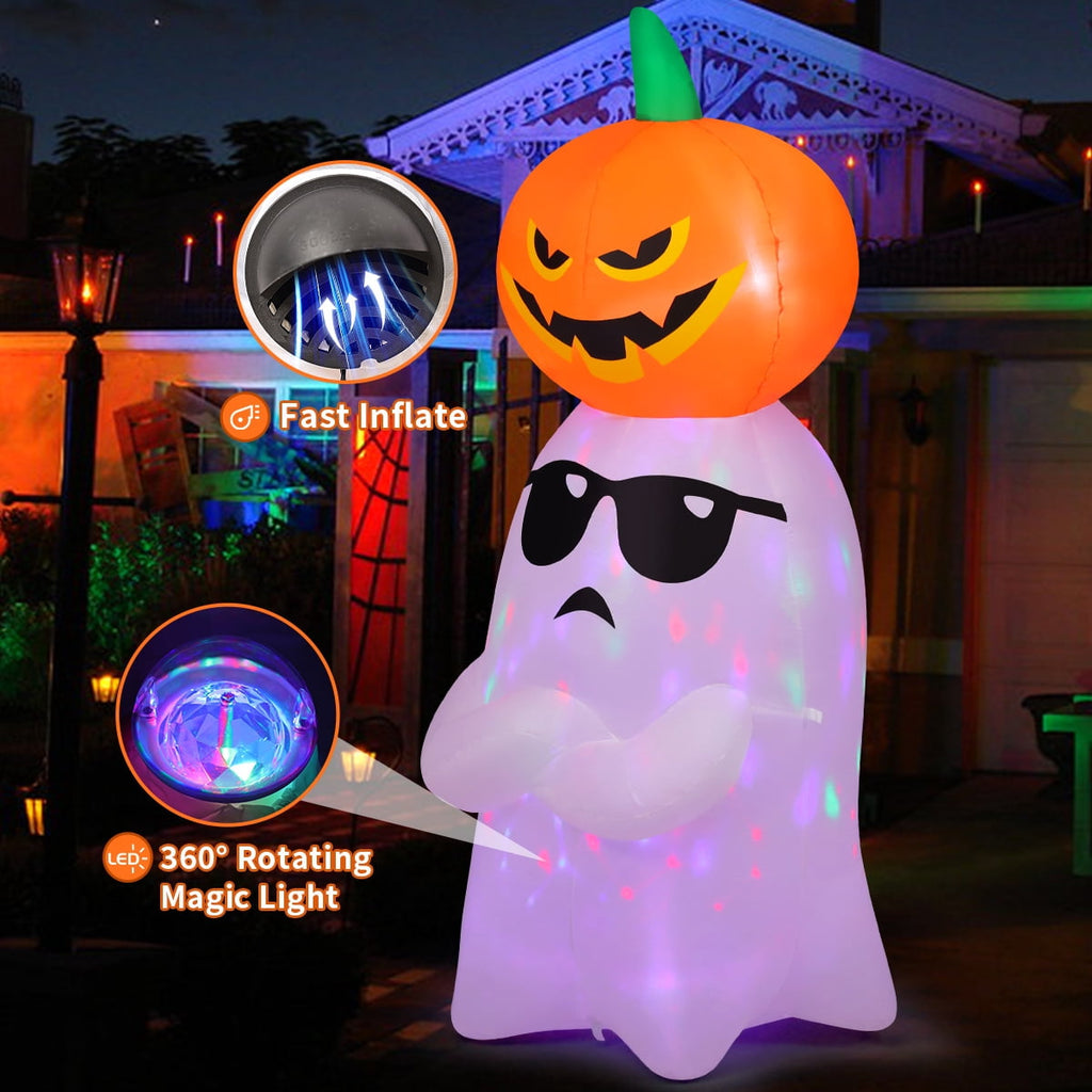GOOSH Halloween Inflatables 6 FT Inflatable Ghost with Pumpkin, Cute Halloween Ghost Inflatable Halloween Decoration with LED Lights, Outdoor Halloween Decorations Blow up Ghost for Holiday Party