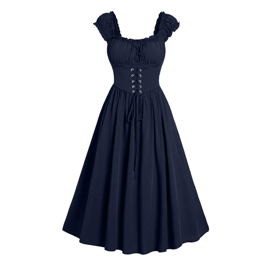 Jsaierl Womens Vintage Medieval Dress Renaissance Pleated Dress with Corset Patchwork Ball Gown Sleeveless Lace Up Midi Dresses
