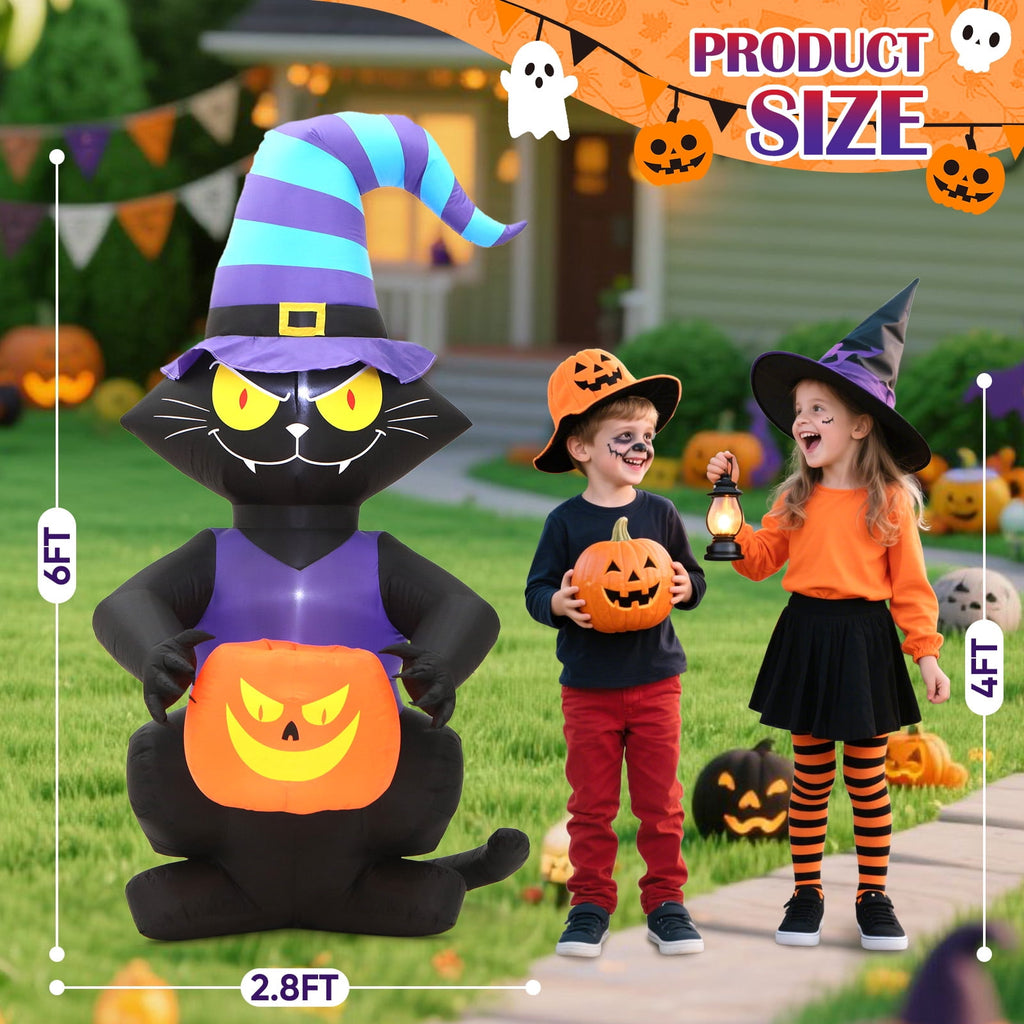 Toiyjofe 6ft Halloween Inflatable Black Cat with Glowing Jack o' Lantern and Witch Hat, Outdoor LED Trick-or-Treat Decoration for Yard, Lawn & Porch