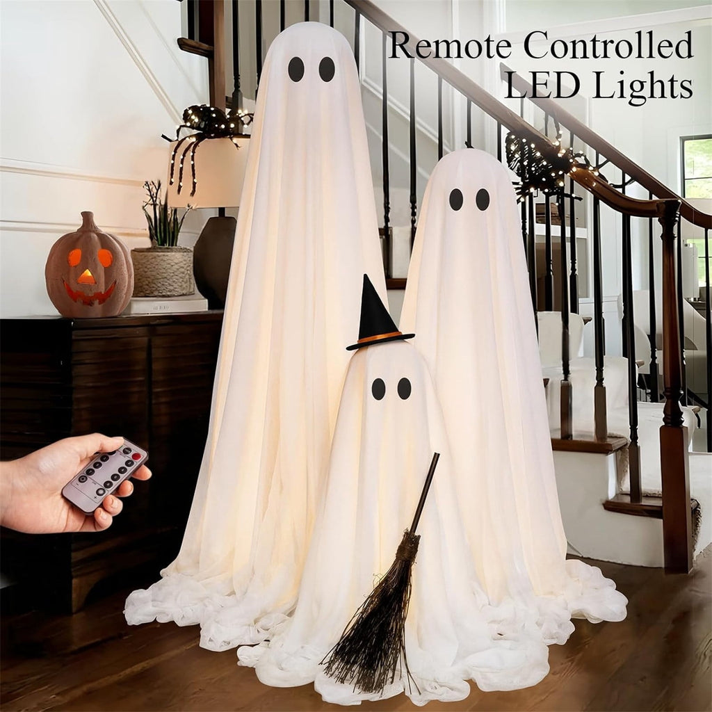 GoLucid 3 Pack Light Up Ghost Family Halloween Decorations with Remote, Adjustable Glowing Ghost Trio with Witch Hat & Broom for Yard Porch Decor