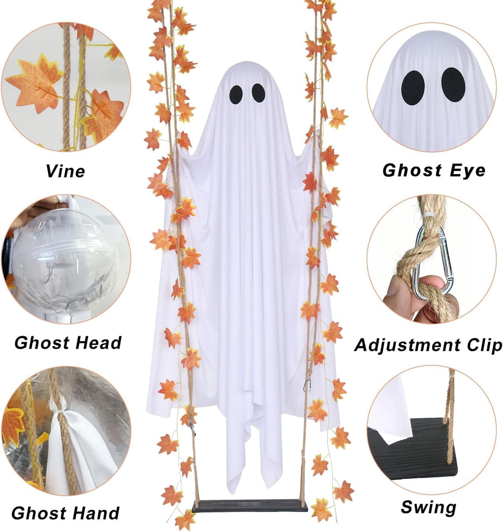 Hanging Swinging Ghost Halloween Decor - Outdoor Halloween Decorations with Ghost on A Swing for Outside Garden Yard Porch Tree, 4.4 FT Large Spooky Cute Ghosts with String Lights for Indoor Party