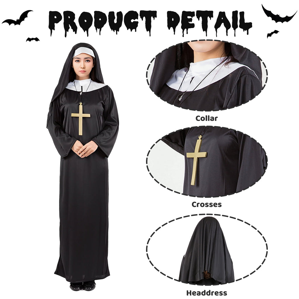 Alaiyaky Nun Costume for Women, Nun Outfit Women, Halloween Costume with Hood and Necklace for Halloween, Carnival, Cosplay