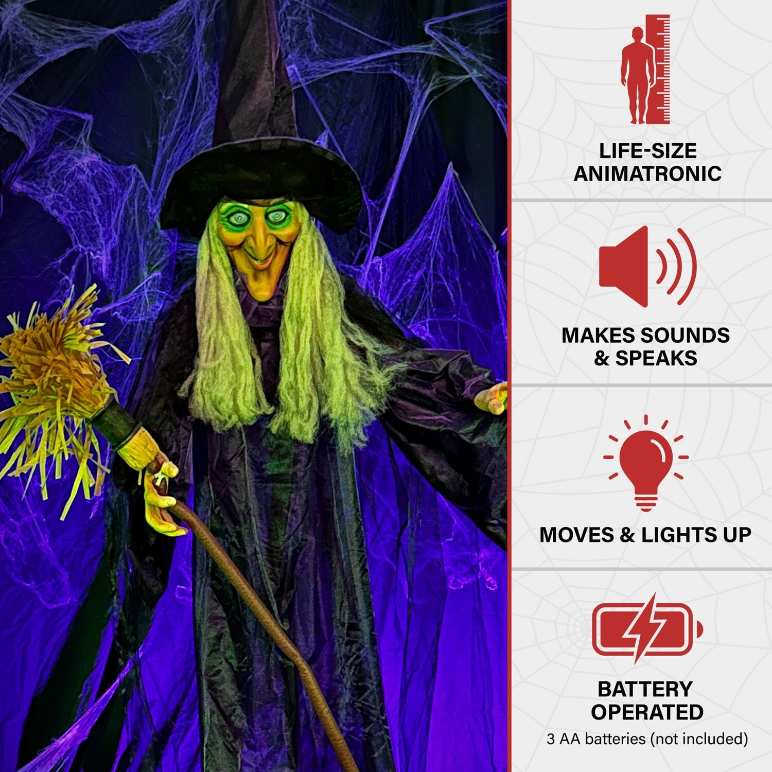 Haunted Hill Farm Life-Size Animated Talking Witch w/ Broomstick, 6 ft Halloween Decoration, HHWITCH-5FLSA