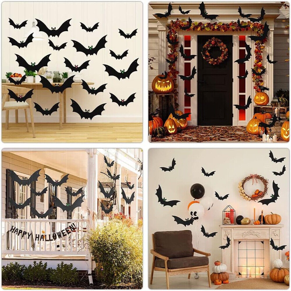 COSTYLE 18 Pcs Hanging Bats Halloween Outdoor Decoration 3 Different Sizes with Cute Eye Stickers for Hanging in The Tree, Porch, Yard, Lawn, Indoor