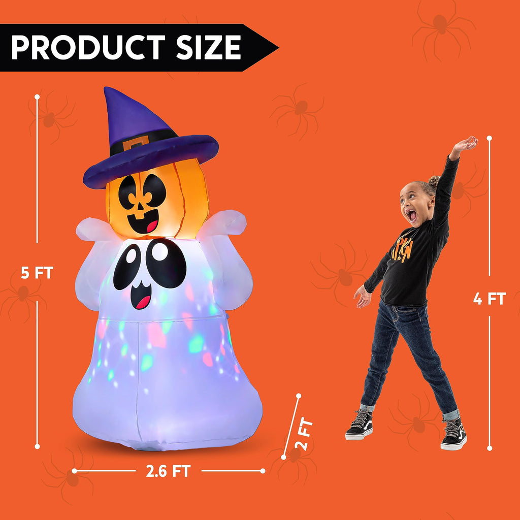 Joyfy 5Ft Halloween Inflatable Pumpkin Ghost with Colorful LED Lights,Halloween Blow Up Cute Decor for Indoor Outdoor Holiday Yard Decoration