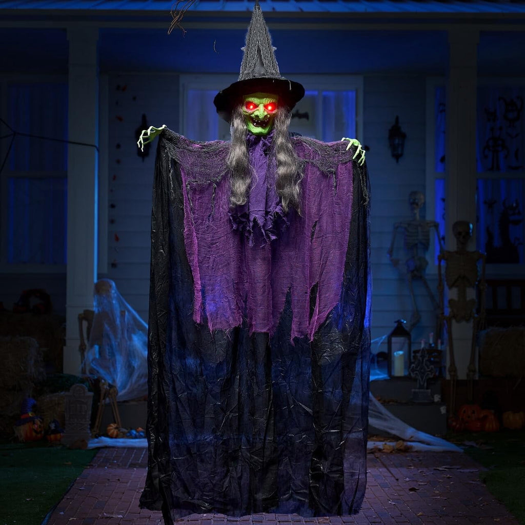 Joyfy 6ft Halloween Witch Decoration,Outdoor Scary Halloween Animatronic Hanging Witch with Light Up Eyes and Sound Decoration for Halloween Outdoor