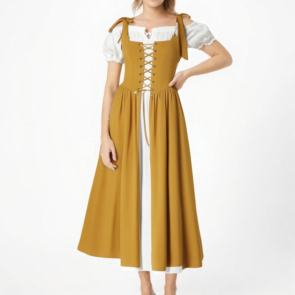 QATAINLAV Renaissance Costume Women Vintage Medieval Dress Cold Shoulder Short Sleeve Peasant Pirate Irish Maxi Dresses, Black, L