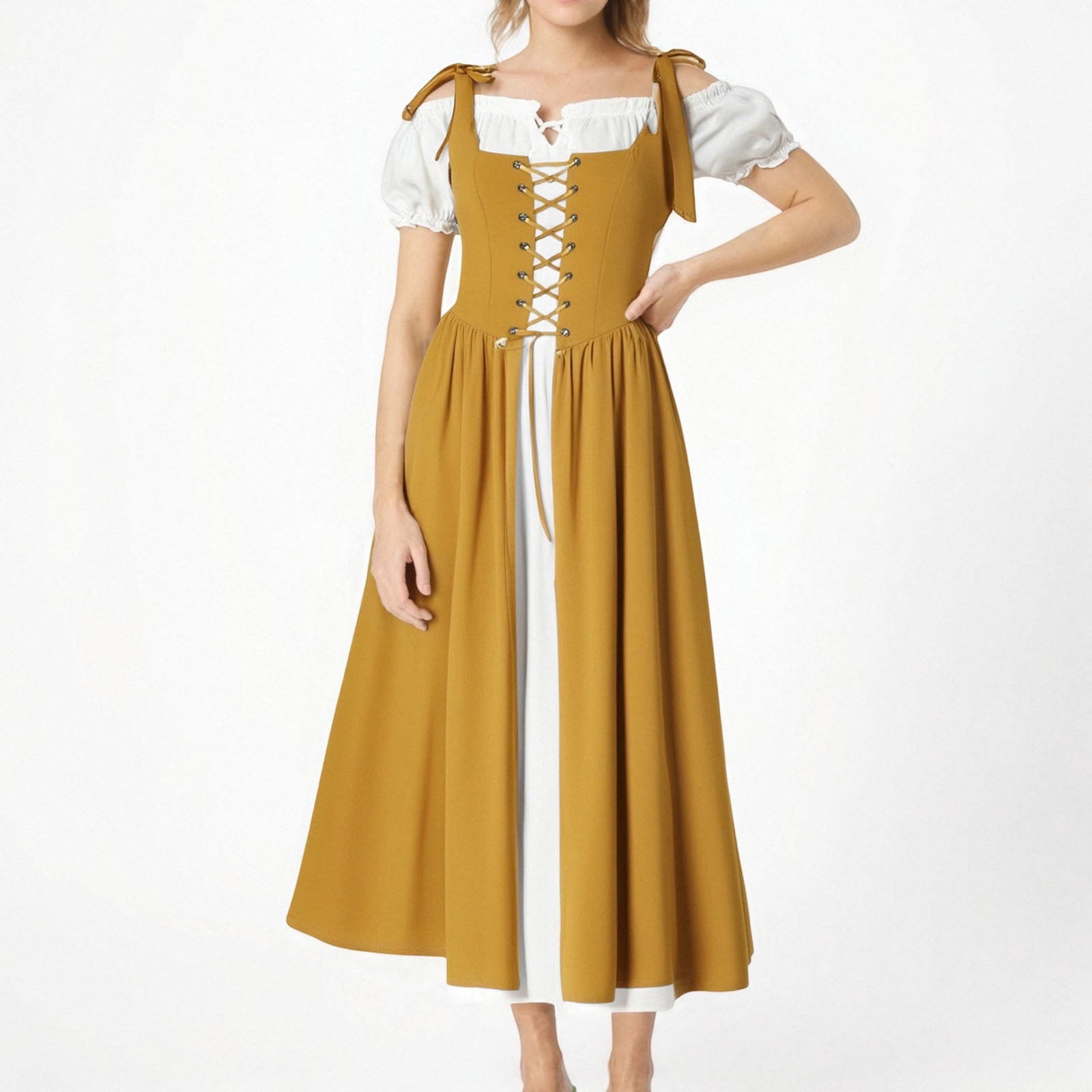 QATAINLAV Renaissance Costume Women Vintage Medieval Dress Cold Shoulder Short Sleeve Peasant Pirate Irish Maxi Dresses, Black, L