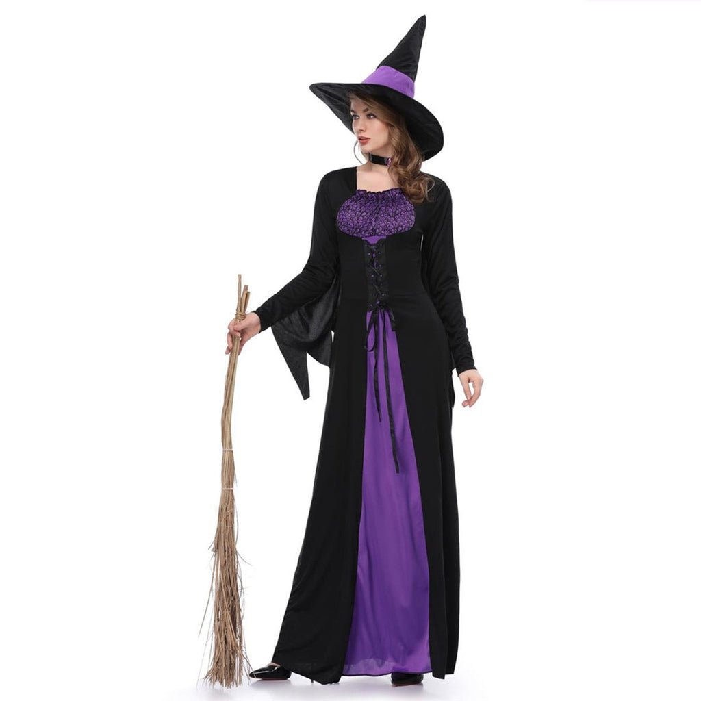 Halloween Witch Costume Women, Classic Retro Witch Costumes for Women Halloween Fancy Dress Witch Dress Purple L