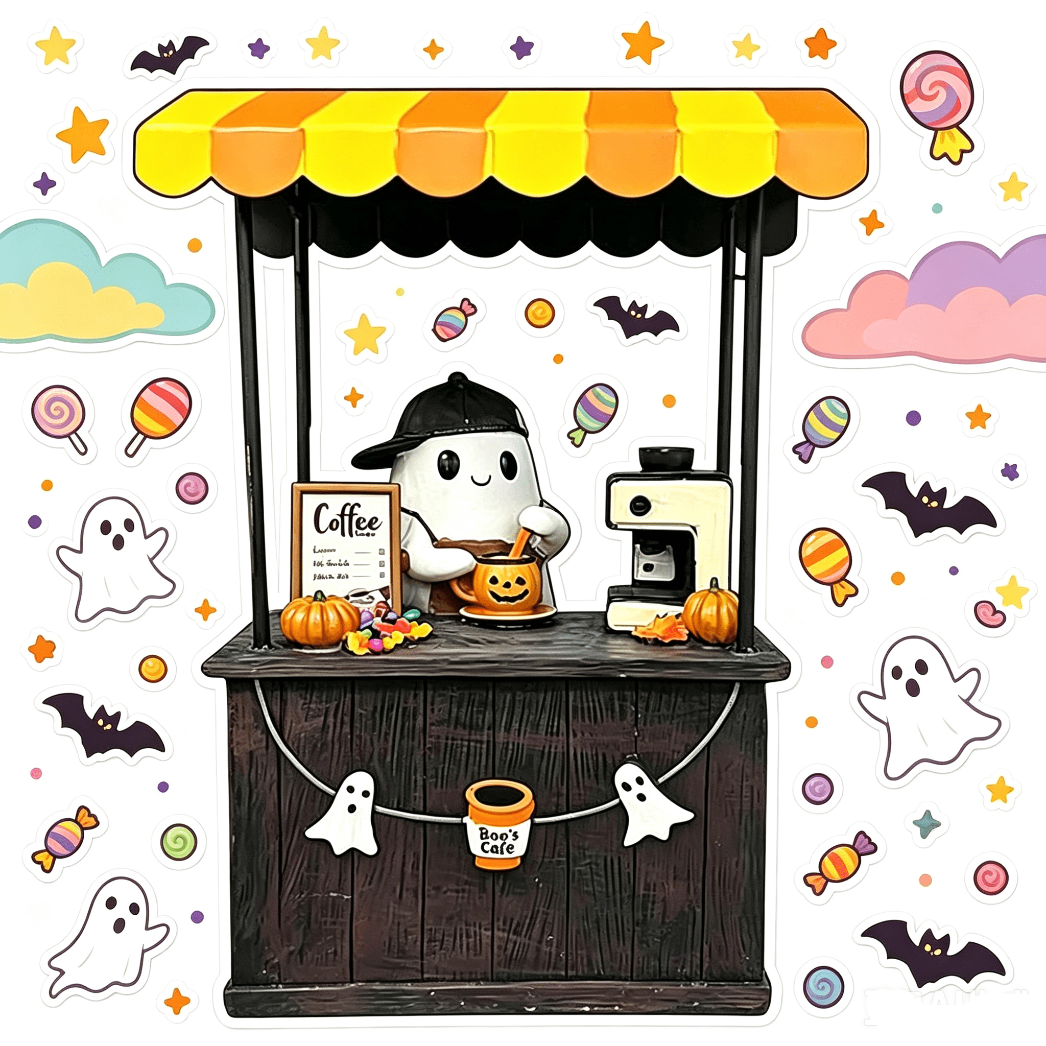 Halloween Spooky Coffee Stand, Ghost Barista Booth Figurine, Spooky Coffee Statue Built with Spooky Little Coffee Stand, Freshly Boo’d Coffee Ghost Fall Decor, Creative Birthday & Holiday Gift