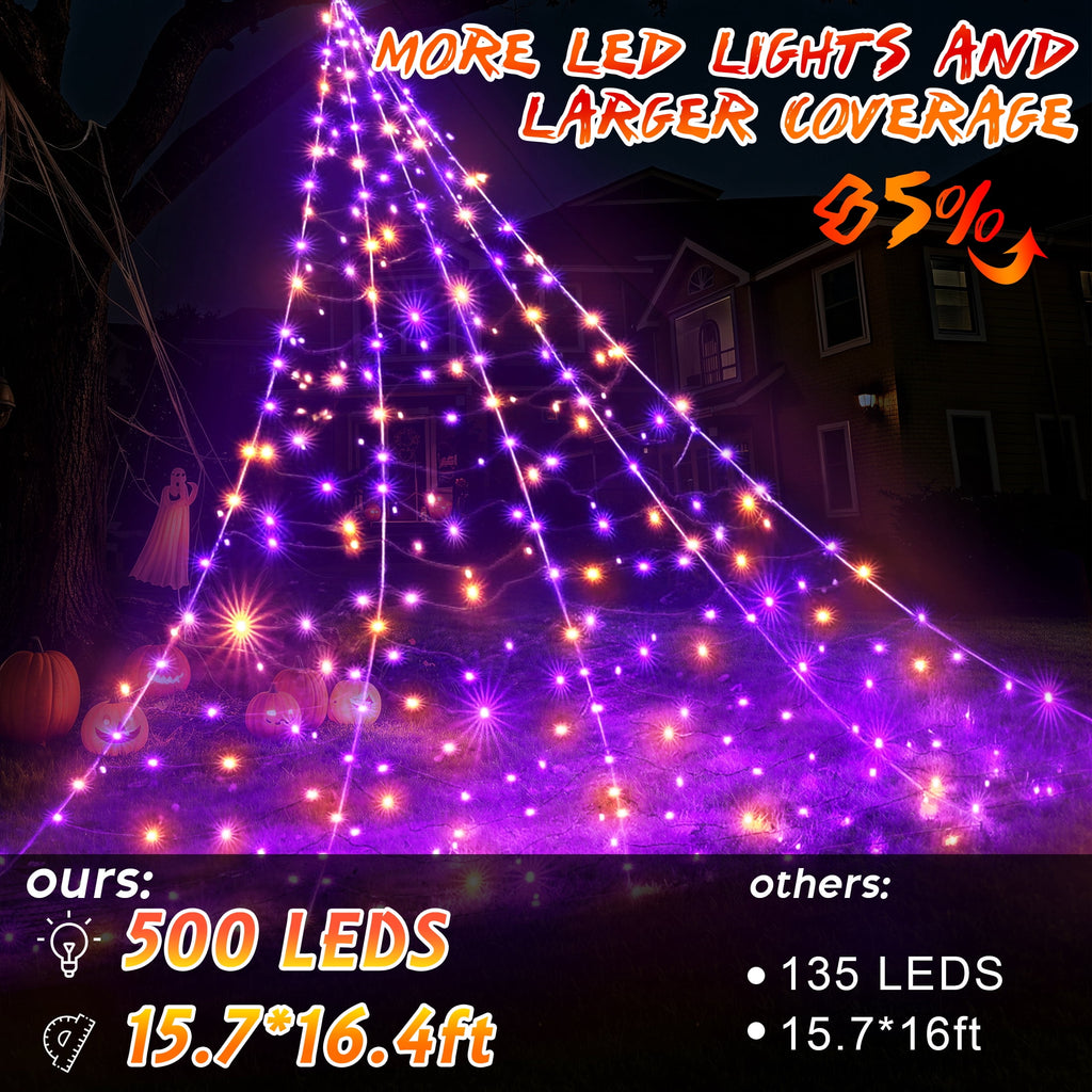 Scidweet Halloween Decorations Outdoor, 500 LED Halloween Giant Spider Web Lights for Garden Yard Porch Home Decor, Purple Orange