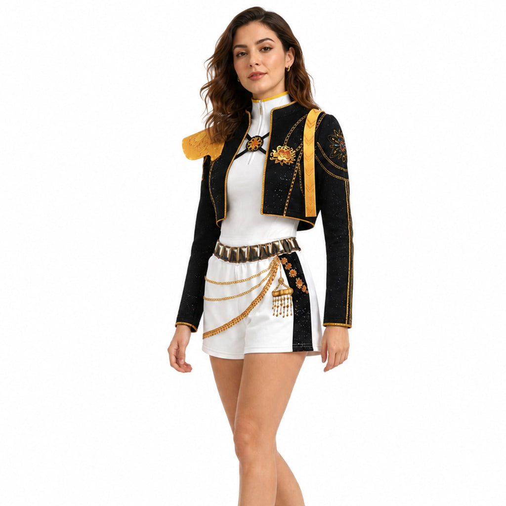 Pop Star Cosplay Costume for Women, Black Gold Military Jacket Shorts Set for Stage & Halloween Theme Party