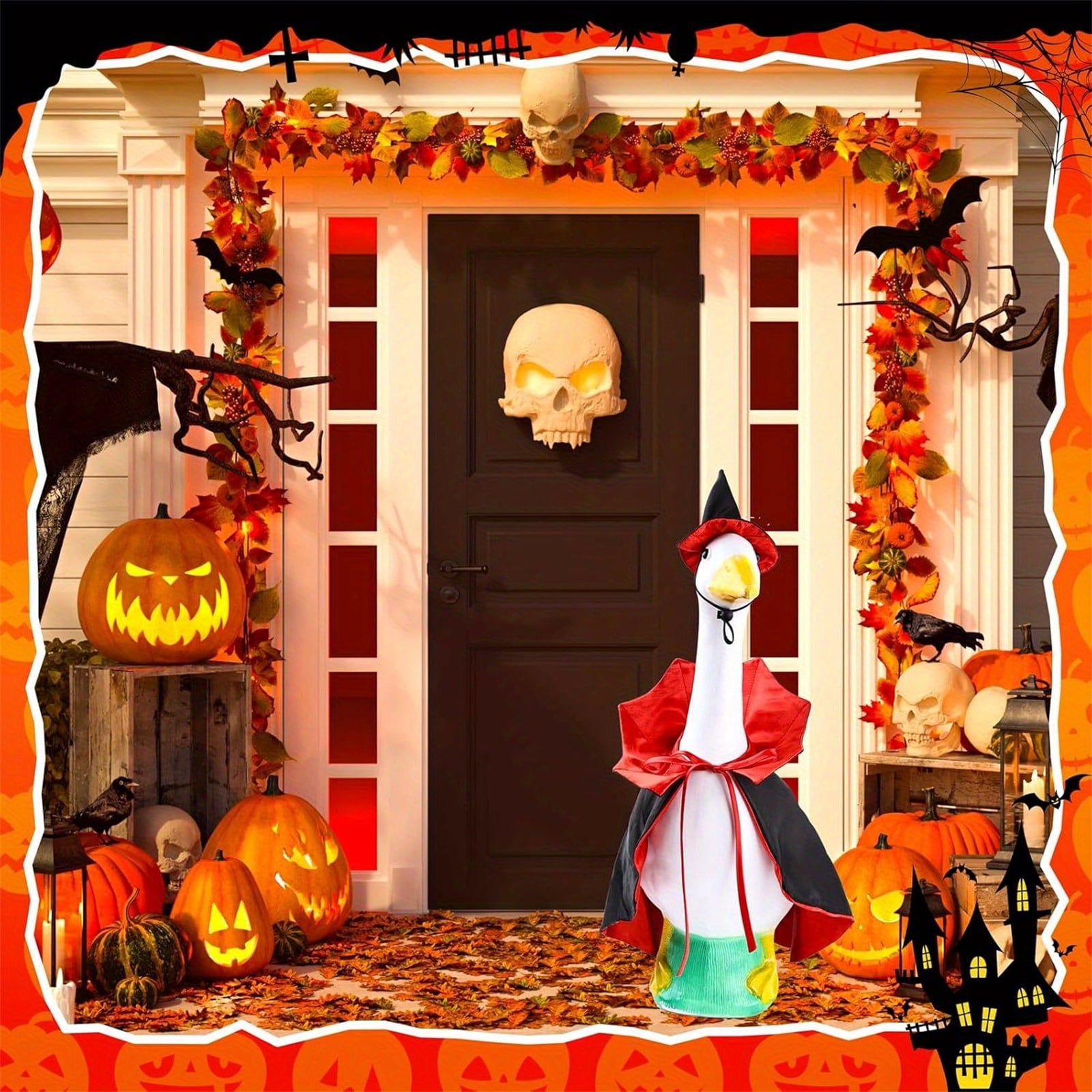 Bat Witch Hat Spiderweb Halloween Goose Clothes Fit 17/23In Cement Plastic Lawn Goose, Stylish Full Set for Outdoor Yard Patio Garden Seasonal Halloween Home Ornamental Arrangement