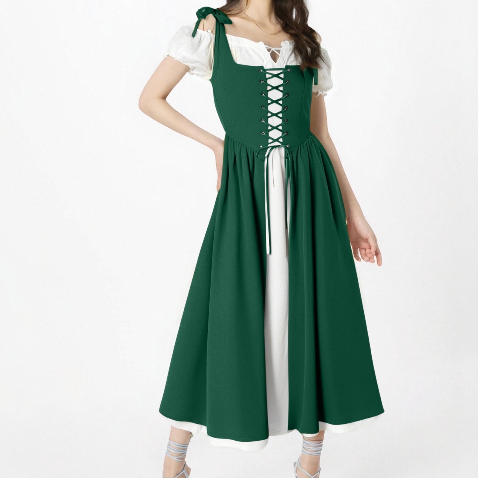 QATAINLAV Renaissance Costume Women Vintage Medieval Dress Cold Shoulder Short Sleeve Peasant Pirate Irish Maxi Dresses, Black, L