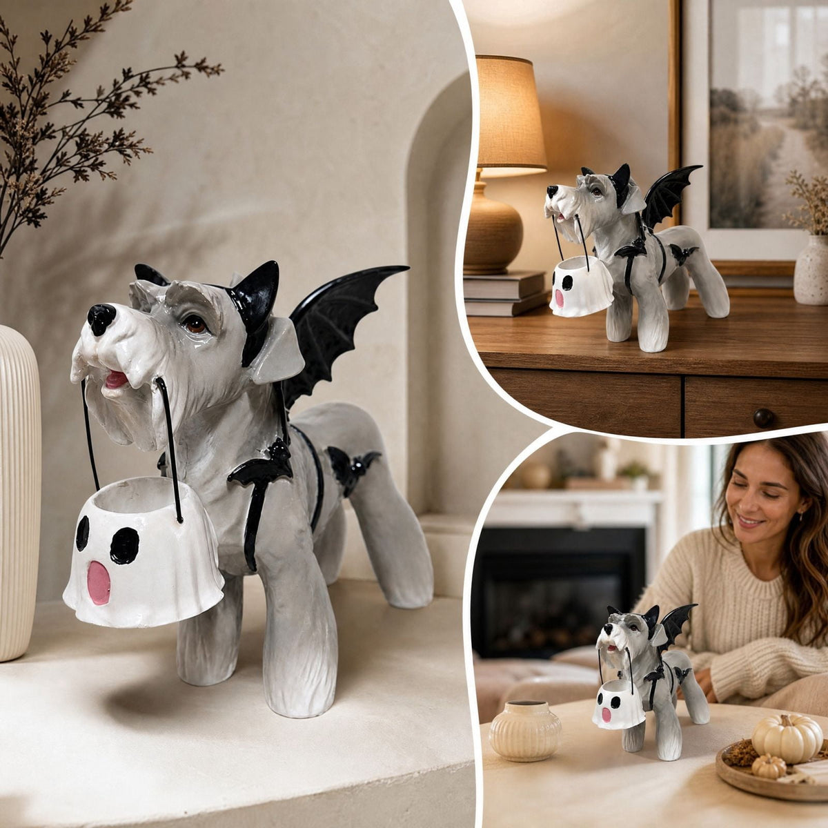 Halloween Dog Greeter - Frenchie 7.9in Resin Witch Dog with Light-Up Pumpkin, Spooky Fall Decor, Indoor Outdoor Tabletop Decoration