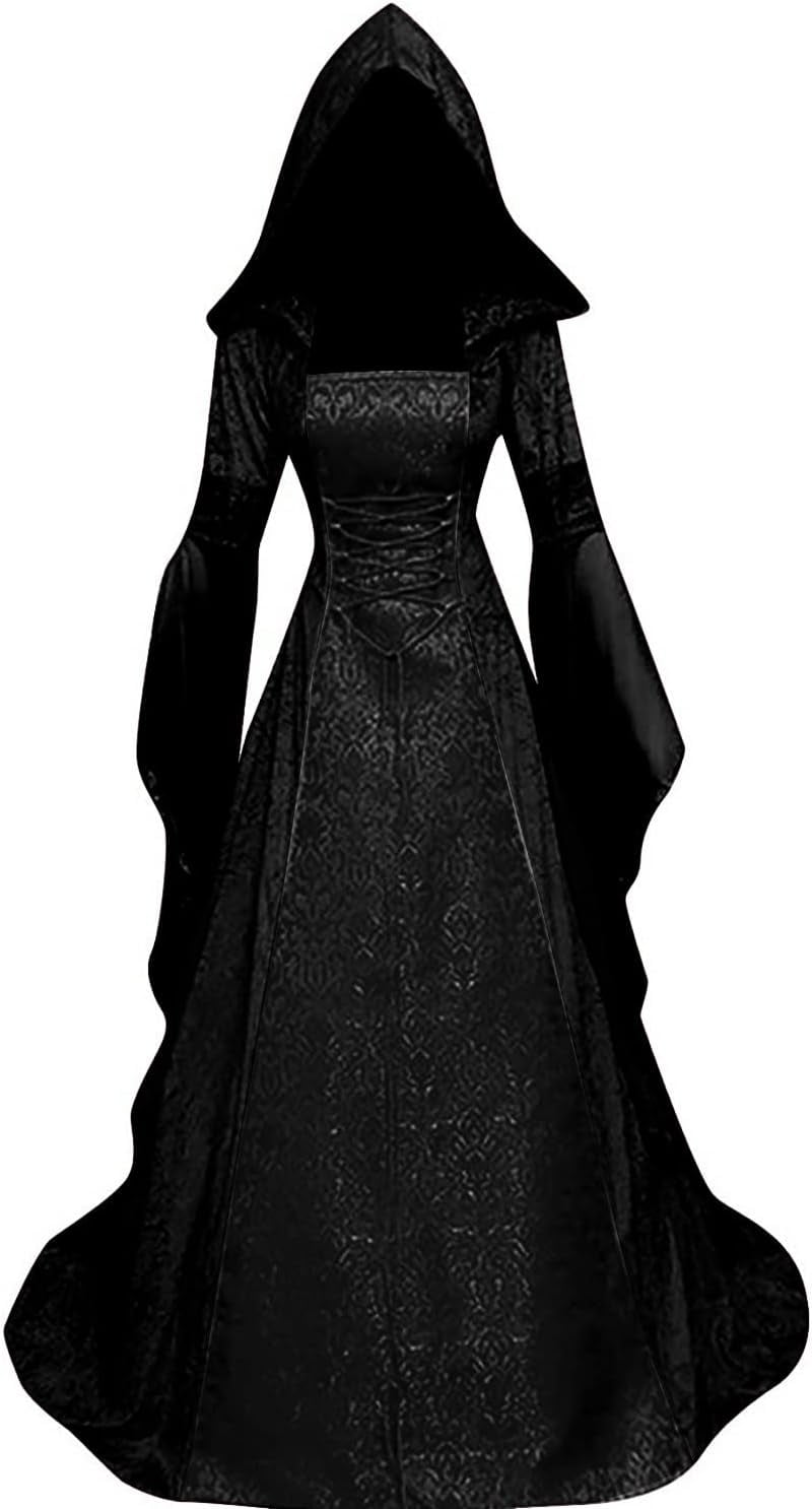 Halloween Witch Costume Women, Deluxe Witch Dress Costume, Vintage Embroidered Renaissance Gothic Hooded Vampire Gown Dress Cosplay Costumes Red S